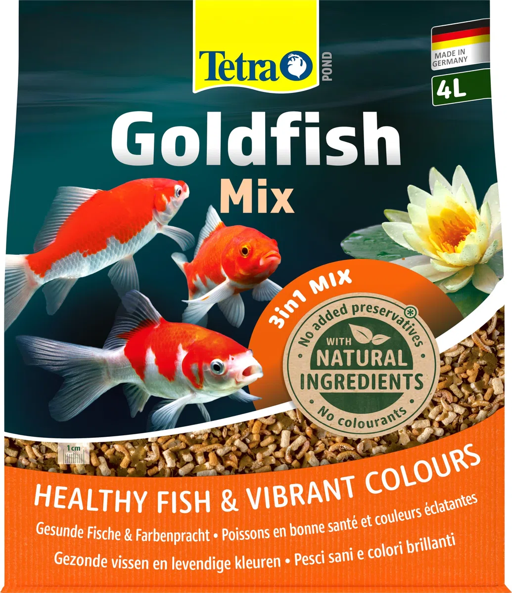 Tetra Pond Goldfish, Alimento para carpines dorados y peces de agua fría, mezcla 3en1 con escamas, sticks y gammarus, bolsa de 4 L