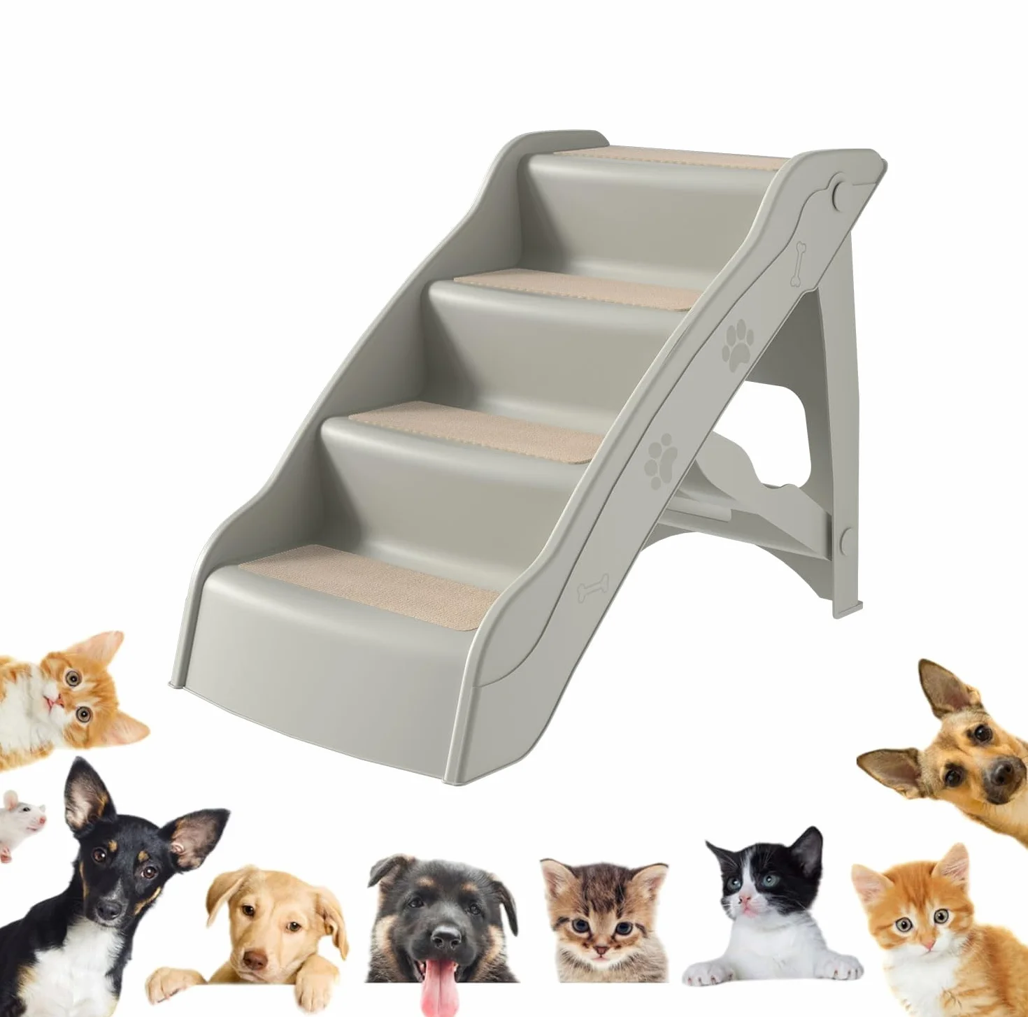 UISEBRT Escalera plegable para perros, 4 peldaños, para mascotas, con alfombrilla antideslizante y barra de apoyo para mascotas de hasta 75 kg, color gris