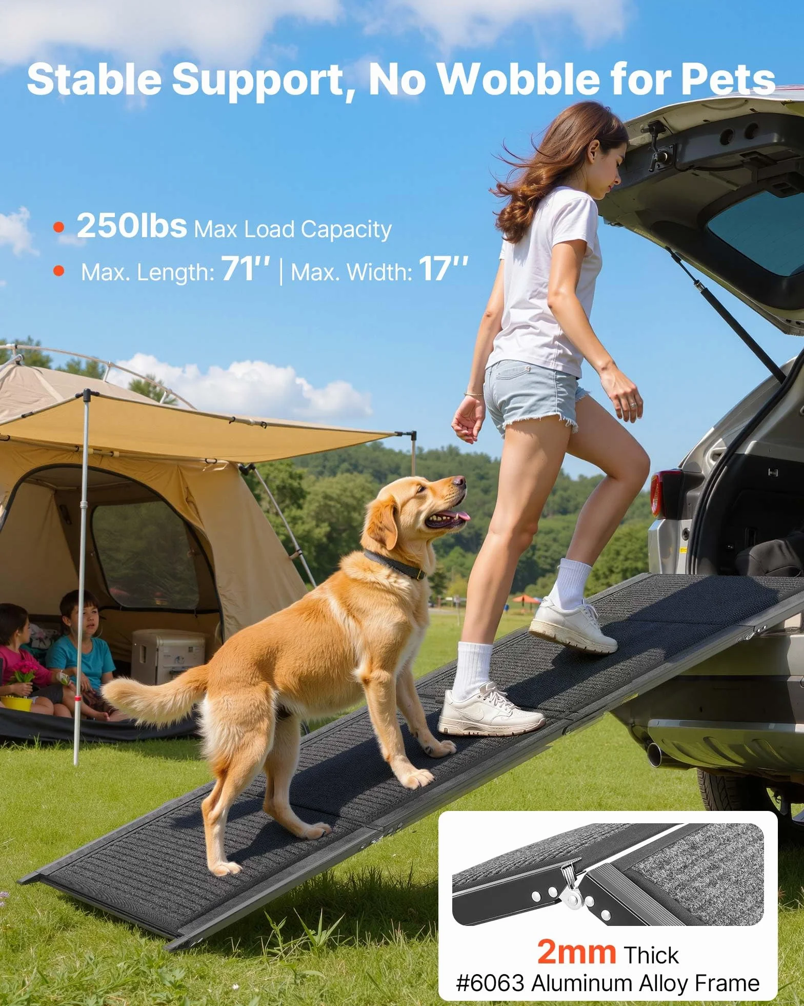 VEVOR Rampa Plegable para Perros para Coches, 180 x 43,2 cm, para Perros Medianos y Grandes de hasta 113 kg, con Superficie de Fieltro Antideslizante, Portátil para Exteriores, SUV y Camiones