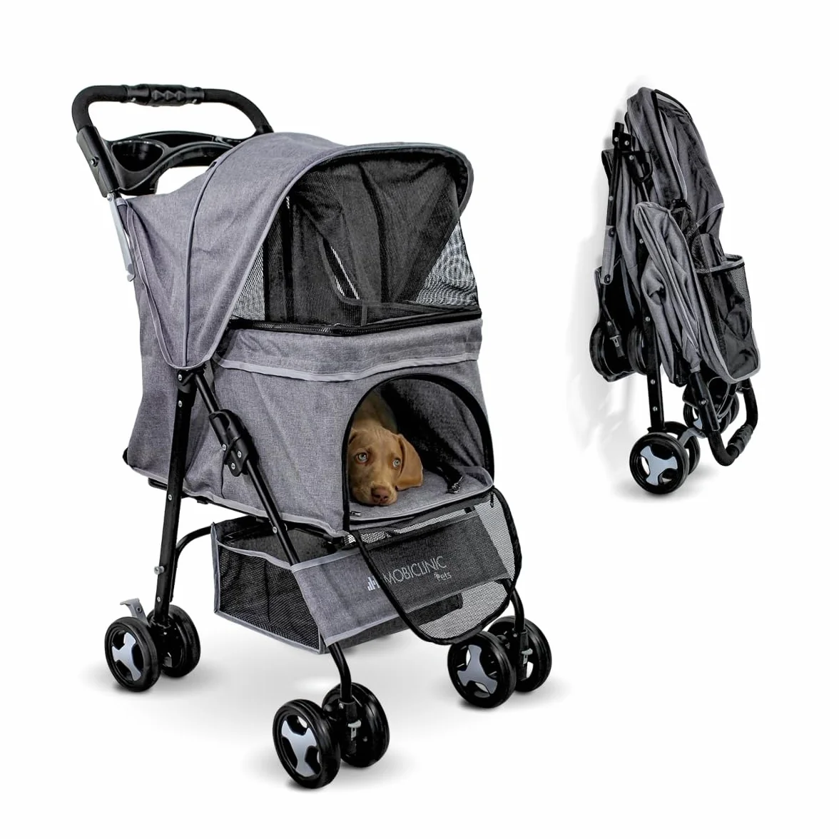 Mobiclinic® pets, Carrito para perros plegable, Ideal pequeños y senior, Zuma, Hasta 15 kg, Ruedas con frenos 360º, Cesta xxl, 3 ventanas cremallera mosquitera, Portavasos, Gris