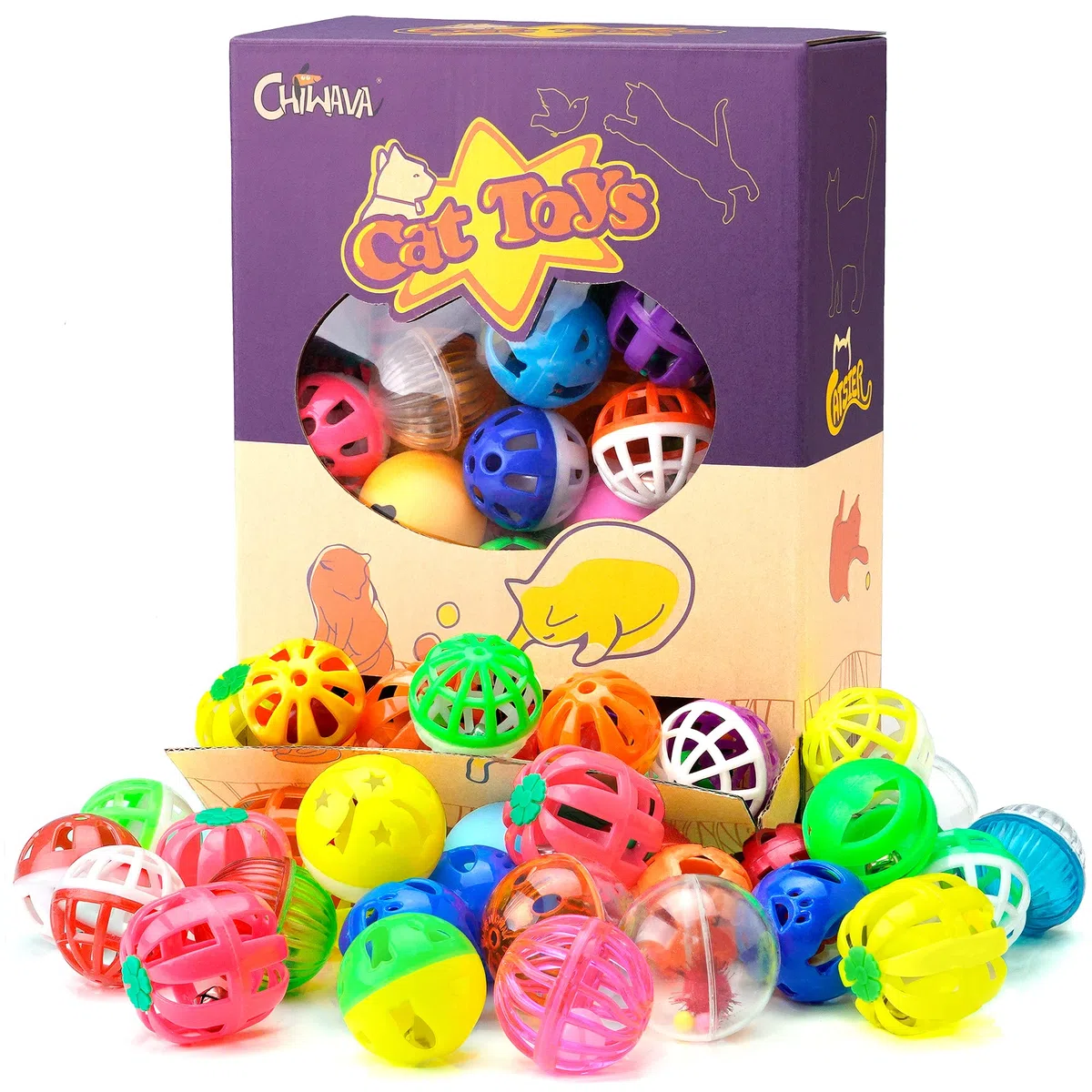 Chiwava 48 Piezas plástico Gato Jingle Pelotas Gato Juguete con Campana Gatito persecución abalanzarse Juego 8 Tipos