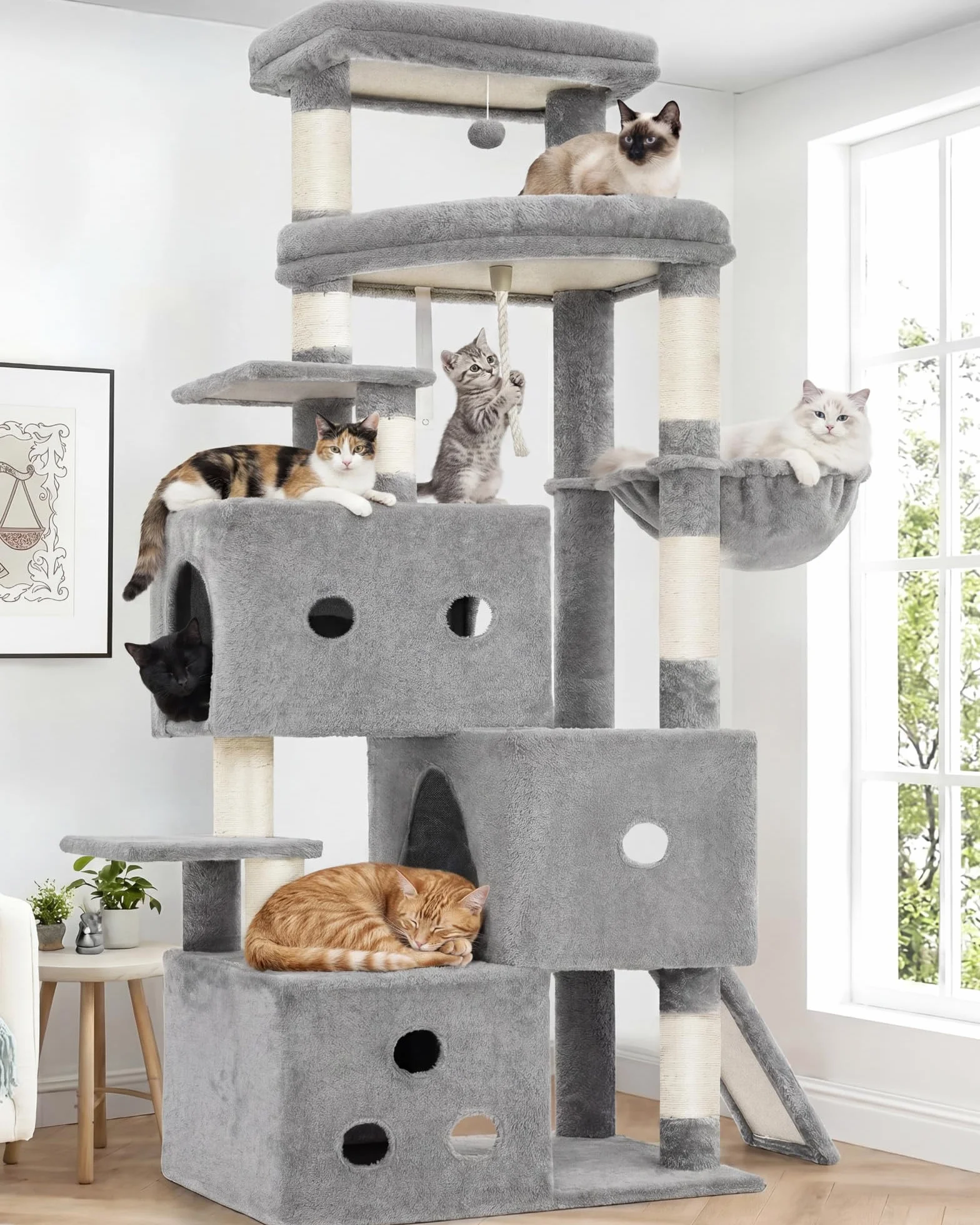 Heybly Rascador para Gatos XXL, 188 cm Árbol Rascador para Gatos Grandes, Torre de Múltiples Pisos, 3 Cuevas Escalonadas, Amplias Perchas Descanso, Postes y Tablas de Sisal, Gris Claro HCT061W