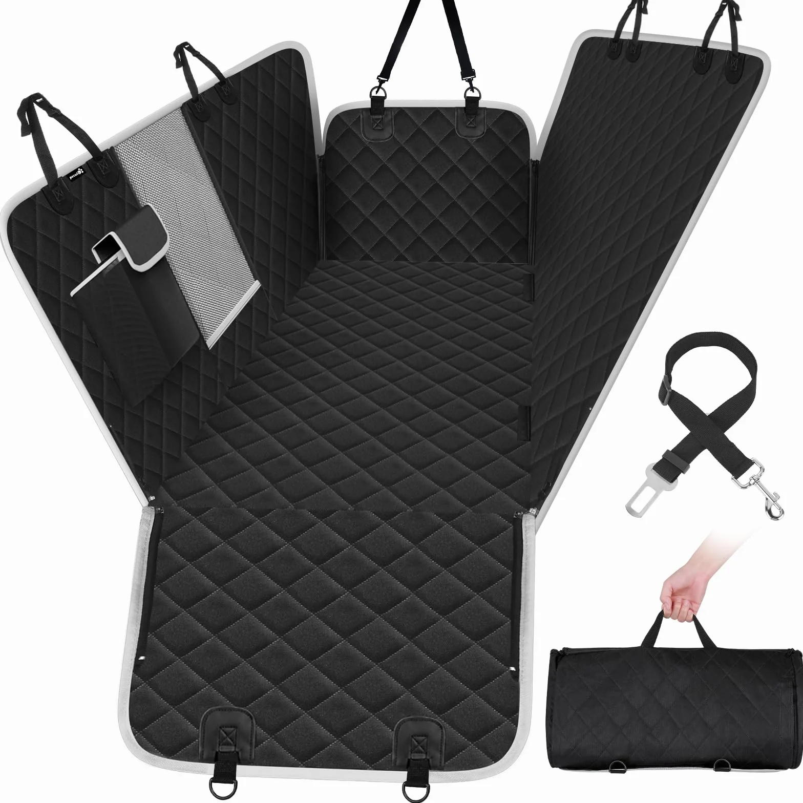 Pecute Funda Perros Coche, Funda de Asiento para Perros Impermeable y Resistente, Protector Coche Perros con Rejilla Flexible Pasar Aire, Universal para SUV, Camión, Transportar y Viaje (Negro)