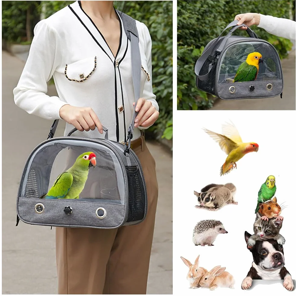 Transportador de viaje gris para pájaros con soporte y bandeja de acero inoxidable, jaula de viaje transparente y transpirable para mascotas, transportador portátil para loros pequeños