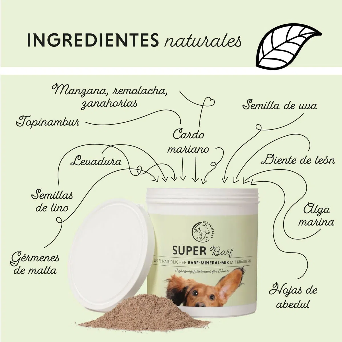 Annimally Barf Suplemento en Polvo para Perros 500g, Barf Complete Mezcla de Vitaminas & Minerales para una nutrición óptima - Suplemento para Perros con Minerales, Verduras, Frutas y Vitaminas