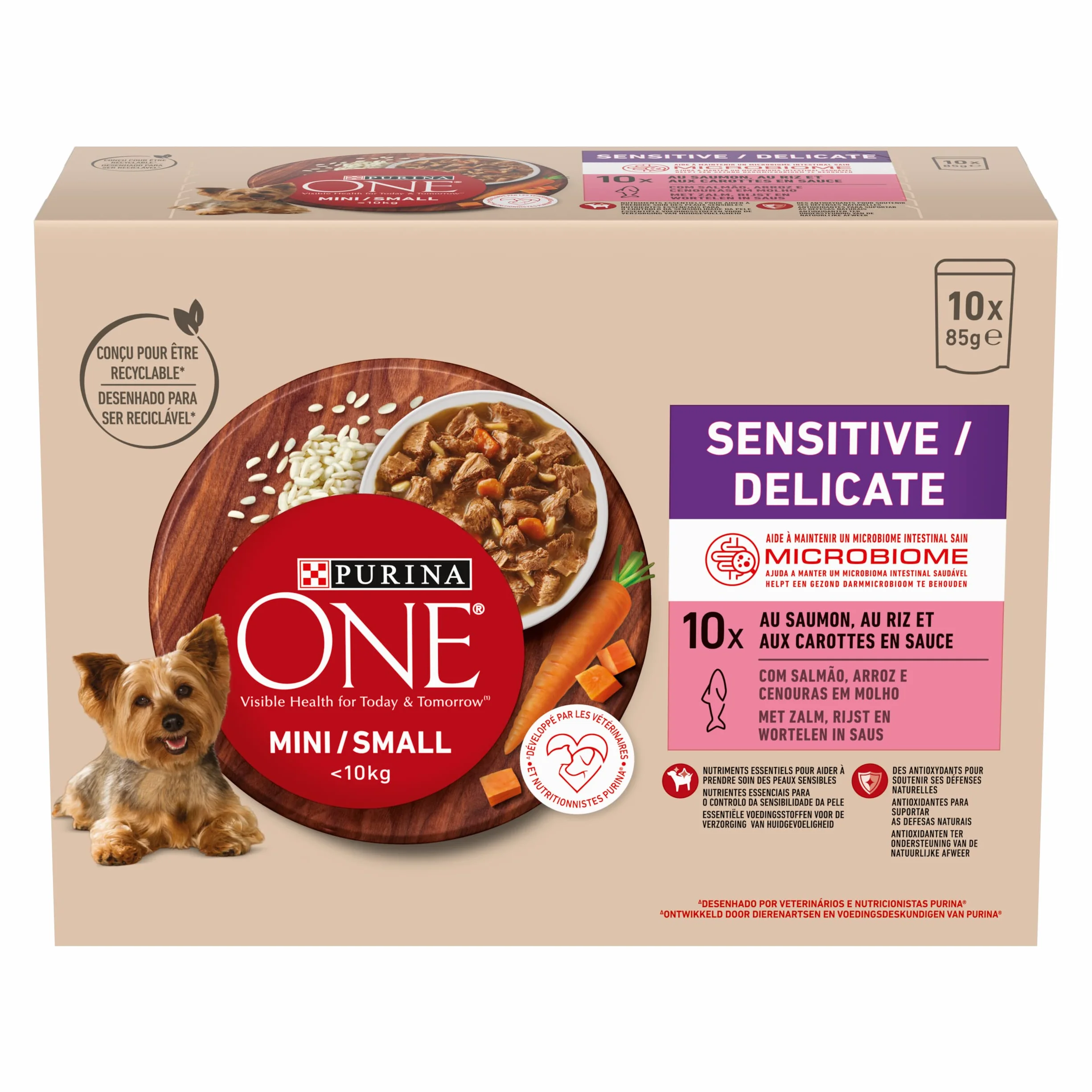 PURINA ONE Mini/Small <10 kg Sensitive/Delicado, Afilado con salmón, arroz y zanahorias en salsa para perros adultos de tamaño pequeño | Digestión sensible bolsas de comida 10 x 85 g | Lote de 6