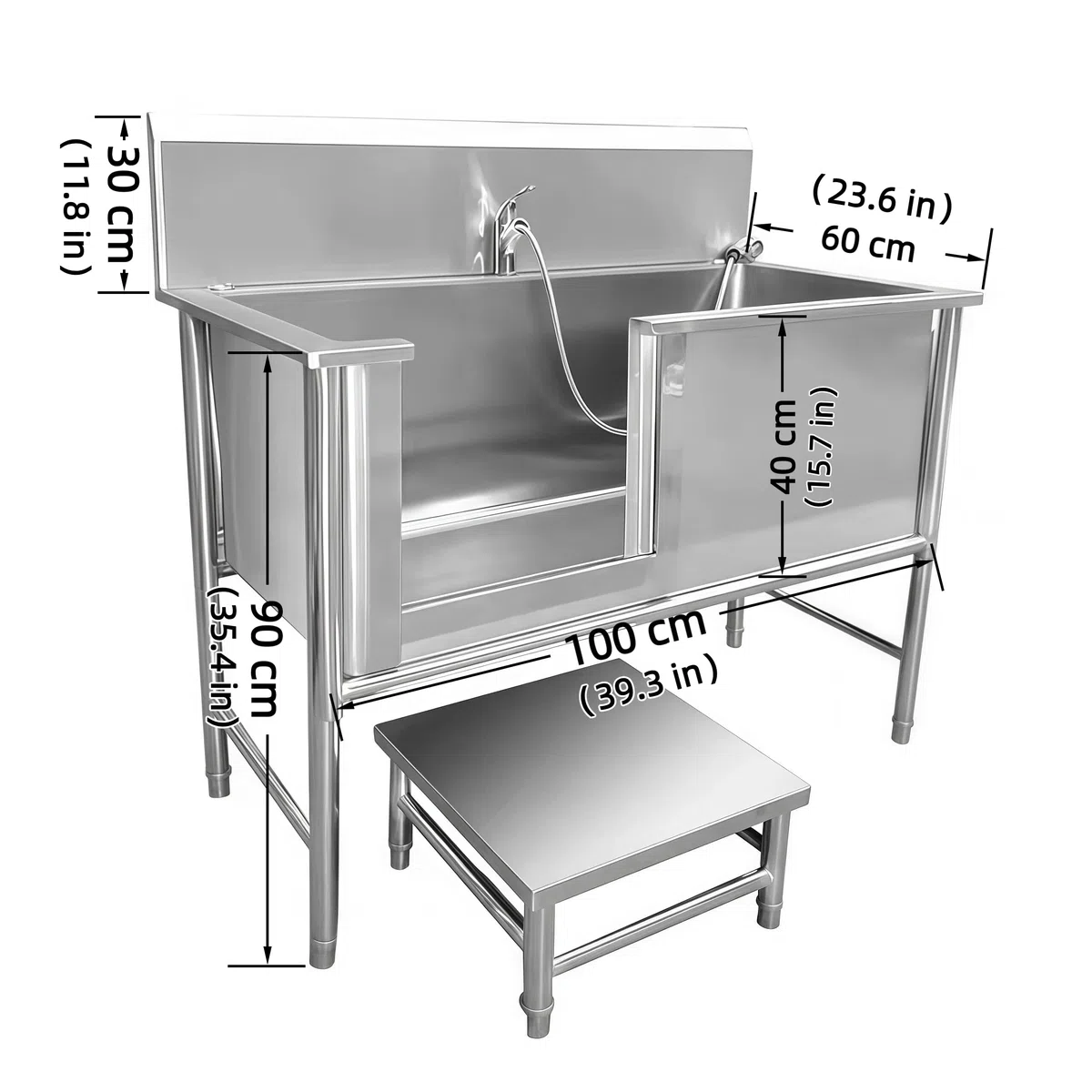Estación de Lavado para Perros de Acero Inoxidable, Bañera Para Aseo de Mascotas Profesional con Puerta Corredera Izquierda y Rampa, Grifo Extensible, Orificio de Drenaje con Filtro 100/120cm (100cm)
