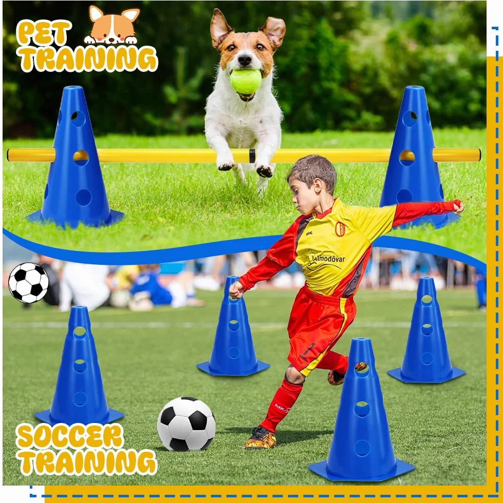 Agility Set Perros Barreras, Juego de Obstáculos Niños, 8 Conos de 23 cm de Altura + 4 Barras de 81 cm de Largo, Bolsa de Transporte Accesorios de Entrenamiento Kit de Entrenamiento para Perros