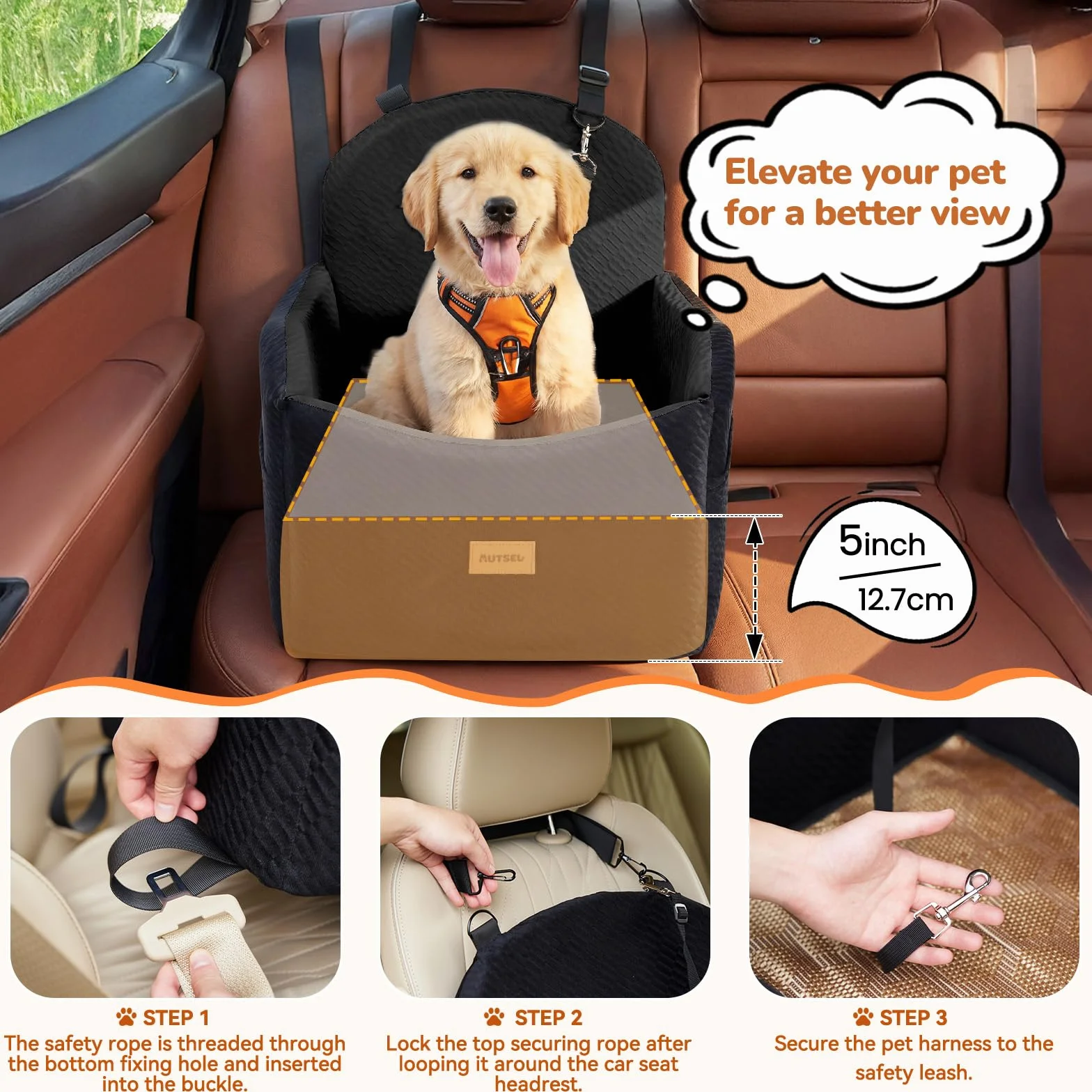 Asiento de Coche para Perros Medianos y Pequeños – Elevador Impermeable y Lavable con Arnés, Bolsillos y Base Antideslizante, para Asiento Trasero o Delantero, Negro