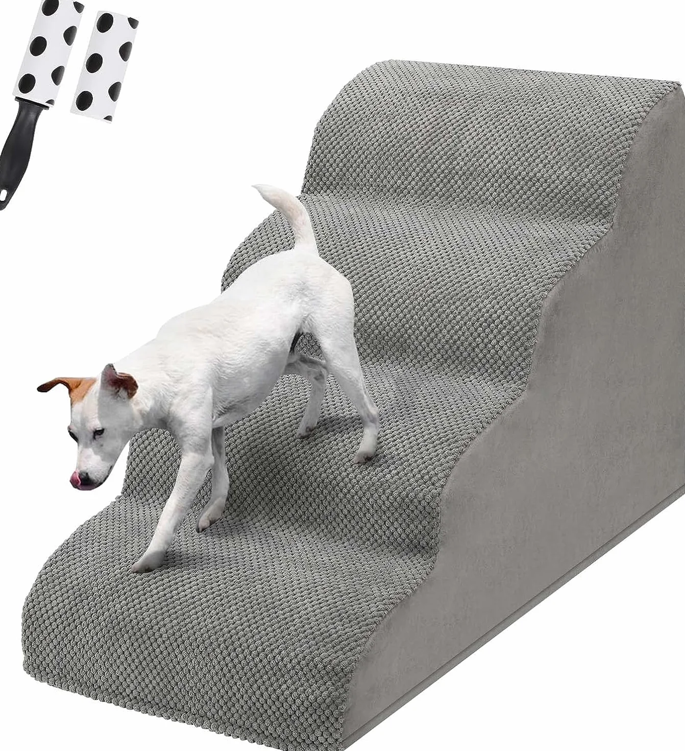 LIANTRAL Escalera y Rampa para Perros para Cama o Sofá, 4 peldaños de Espuma Alta Densidad con Funda Lavable y Rodillo de Pelusa, Escalera para Perros Pequeños, Gatos y Mascotas Mayores, Gris