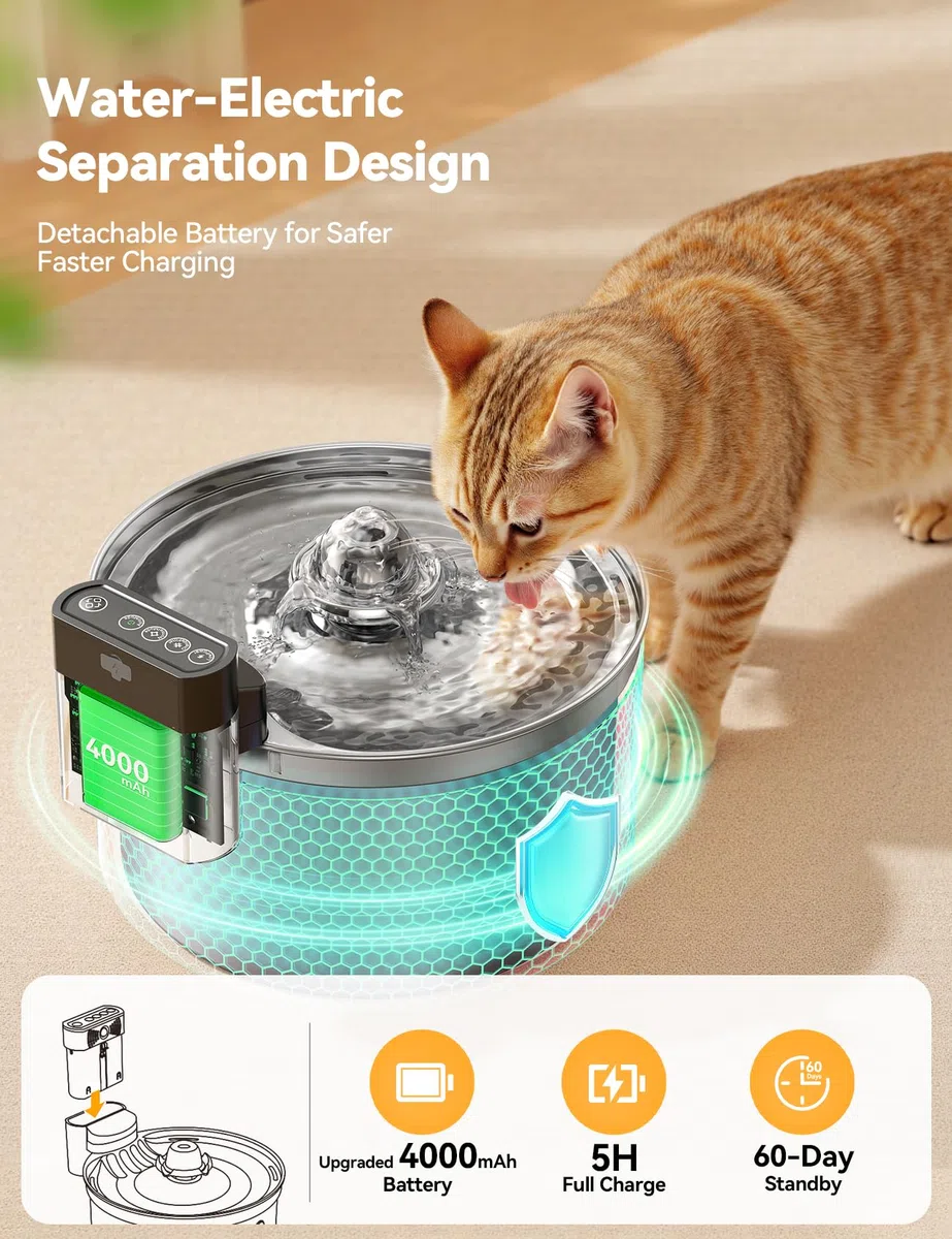 Fuente de Agua para Gatos Inalámbrica Inteligente con Sensor FEELNEEDY FN-W19 3.5L, Separación Agua-Batería 4000mAh, Bebederoen Acero Inoxidable 304, 3 Modos, 1 Filtro de Carbón Activado