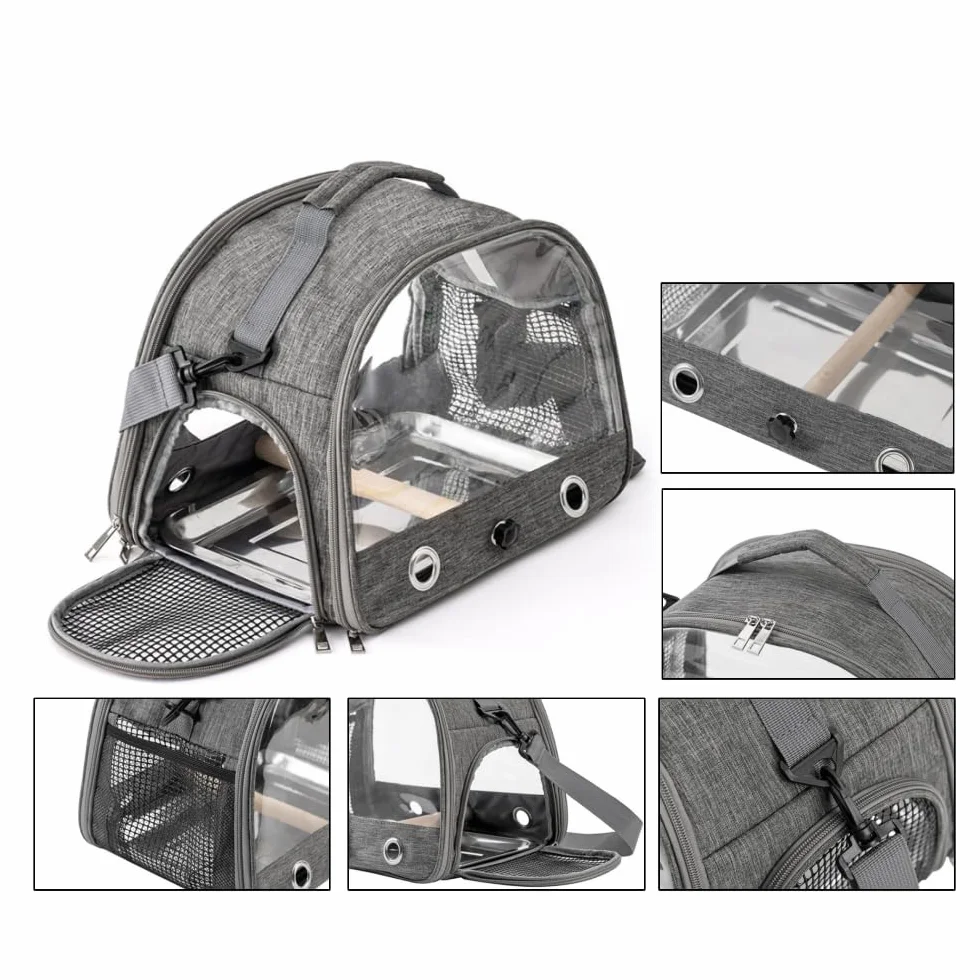 Bolsa de transporte para pájaros, bolsa de transporte para pájaros con barra de pie y bandeja de acero inoxidable, transpirable, plegable, para pequeños pájaros, bolsa de viaje para animales