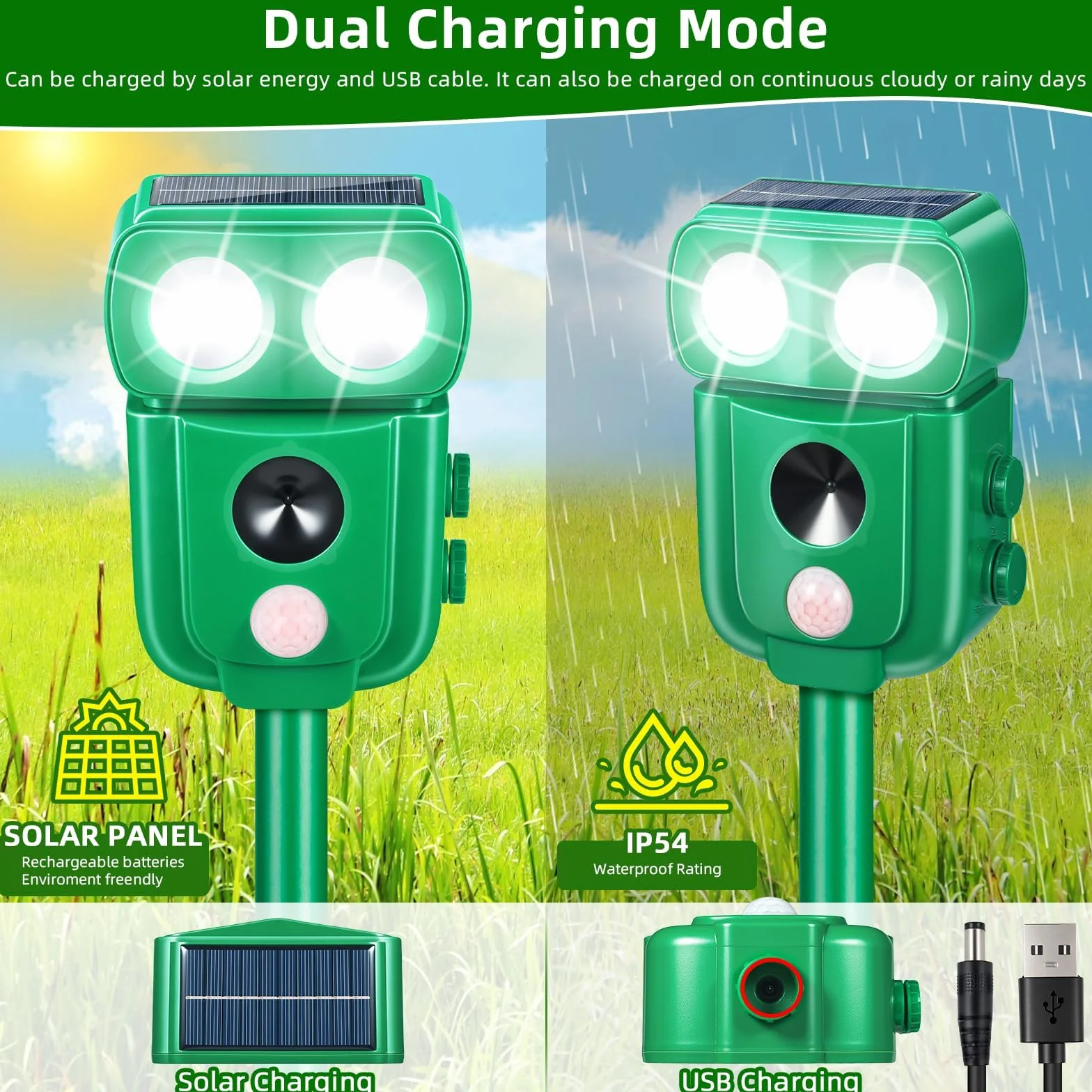 Repelente para gatos, repelente ultrasónico energía solar IP66 impermeable de frecuencia ajustable para ahuyentar animales 5 modos ajustables repelente de animales ultrasound repelente para animales