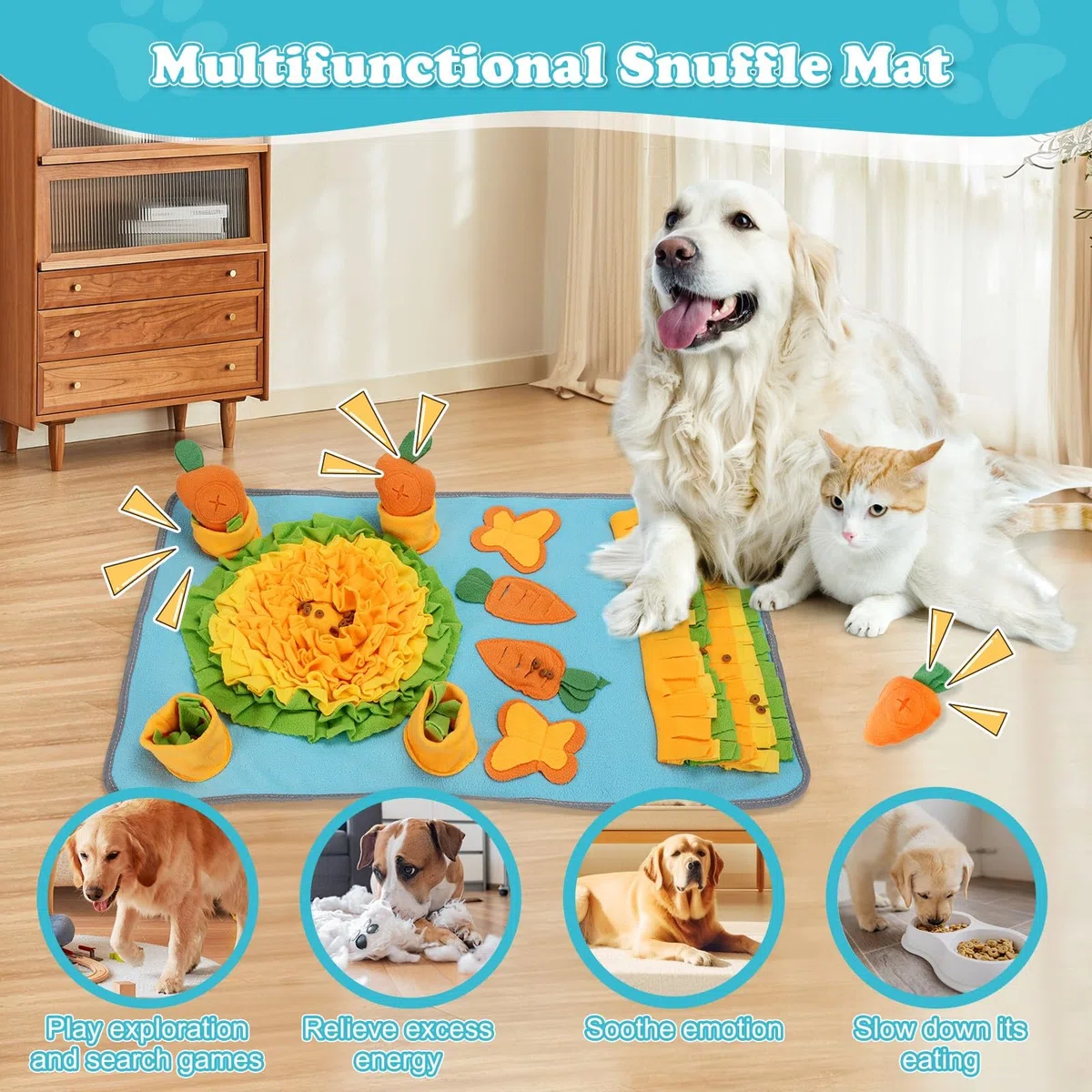 DEWEL Alfombra Olfativa Perros, Snuffle Mat con Zanahorias con Sonido, Juguete Interactivos para Perros, Manta de Actividades Mascota Plegable y Lavable, 78.5x48 cm (Azul Cielo)