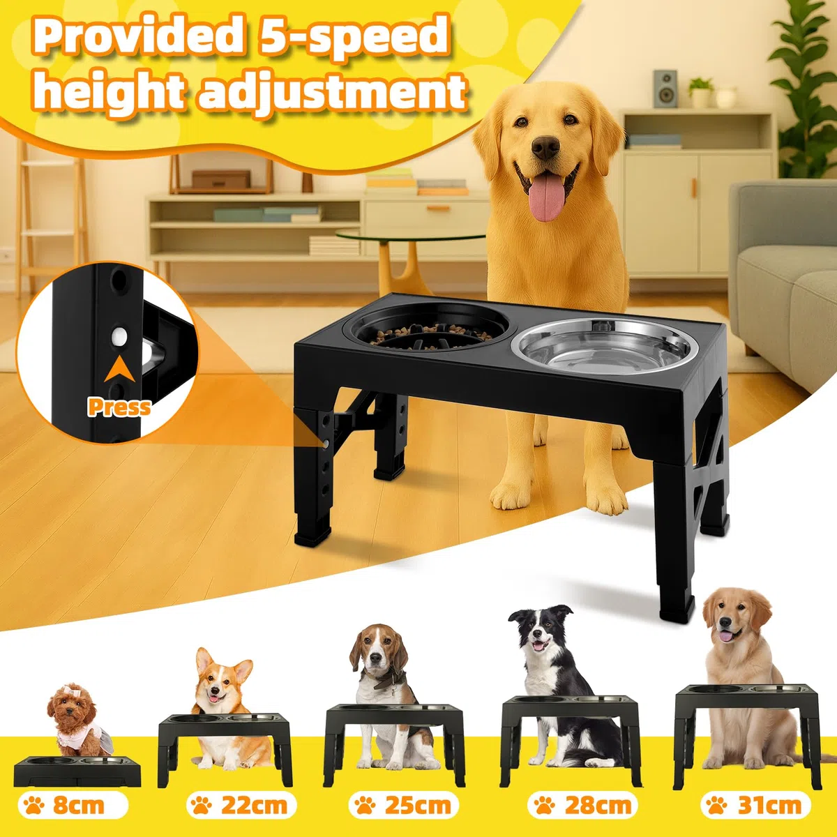 Comedero Perro Elevado y Ajustable - 2 Cuencos de Acero Inoxidable (1200ml) + 1 Comedero Lento (800ml) - Base Antideslizante para Perros Medianos/Grandes