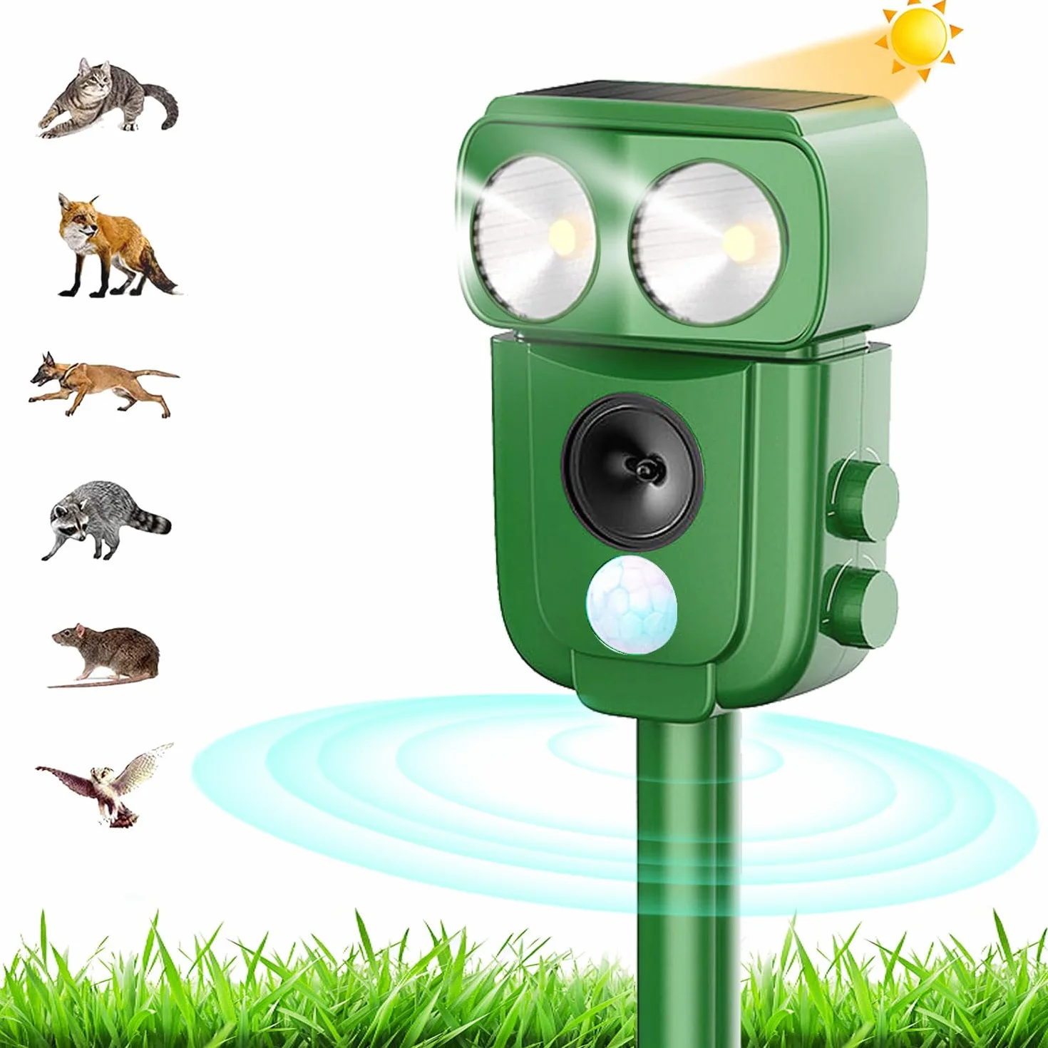 Repelente para gatos, repelente ultrasónico energía solar IP66 impermeable de frecuencia ajustable para ahuyentar animales 5 modos ajustables repelente de animales ultrasound repelente para animales