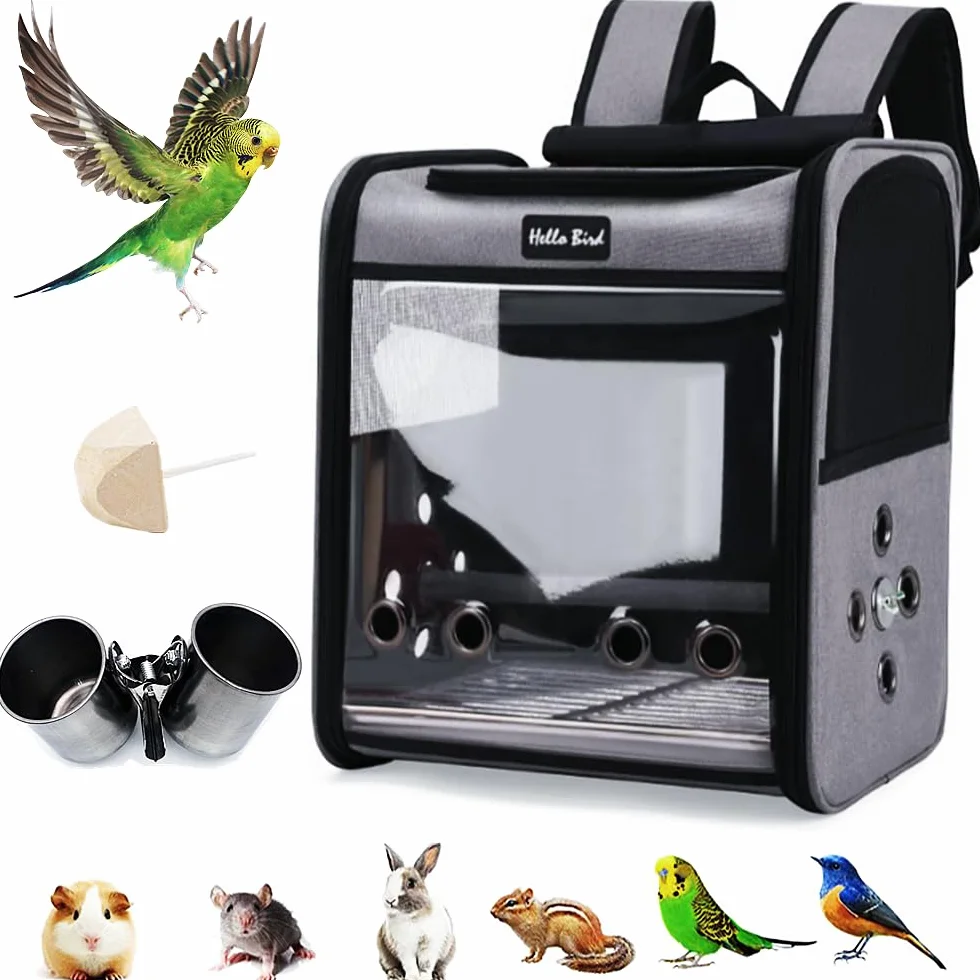 Mochila de Jaula para pájaros con Percha de pie, Jaula de Viaje para Mascotas,1 Bandeja de plástico,1 Piedra Molar,Almacenamiento Plegable Transpirable y portátil para pájaros,cacatúas,Loros