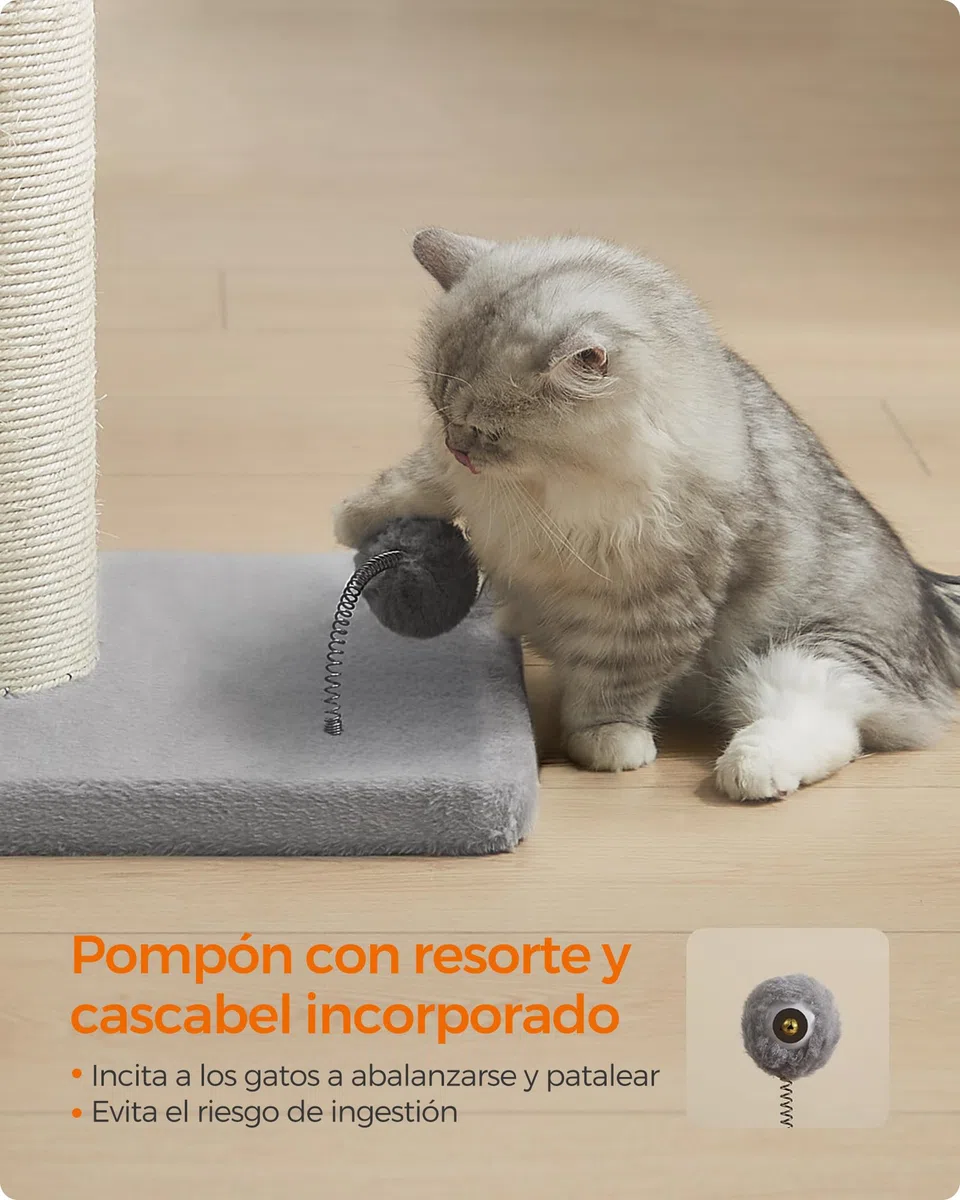 Feandrea Poste Rascador para Gatos, 85 cm de Alto, Gatos Medianos y Grandes, Poste Rascador de Sisal, Pompón de Muelle con Campana, Gris Paloma PCA041G01