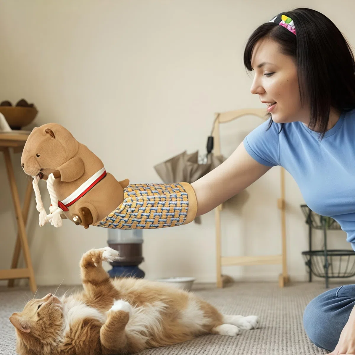 Katzen-Wrestling-Handschuh, marioneta de Lucha para Gatos con Acolchado Resistente para un Juego Interactivo Seguro, Juguete con Teaser para Gatos y Campana para Entrenamiento