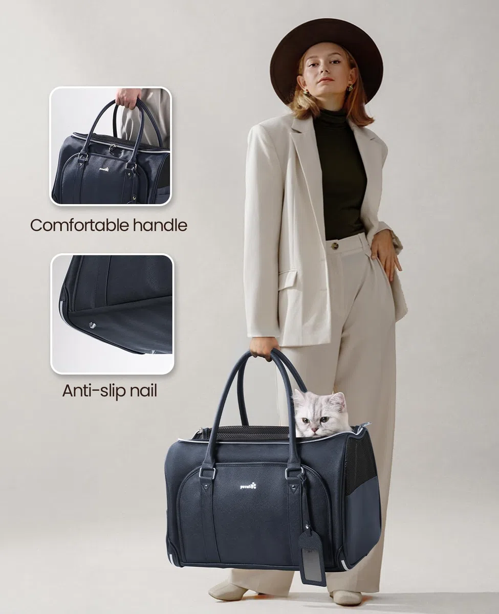 Pecute Transportin Gato de Moda, imitación de Cuero Artificial de Tela transportin Perro, Cremallera de Bloqueo, para Viajar, Utilizar el Transporte público o acudir a Citas médicas, Azul Marino