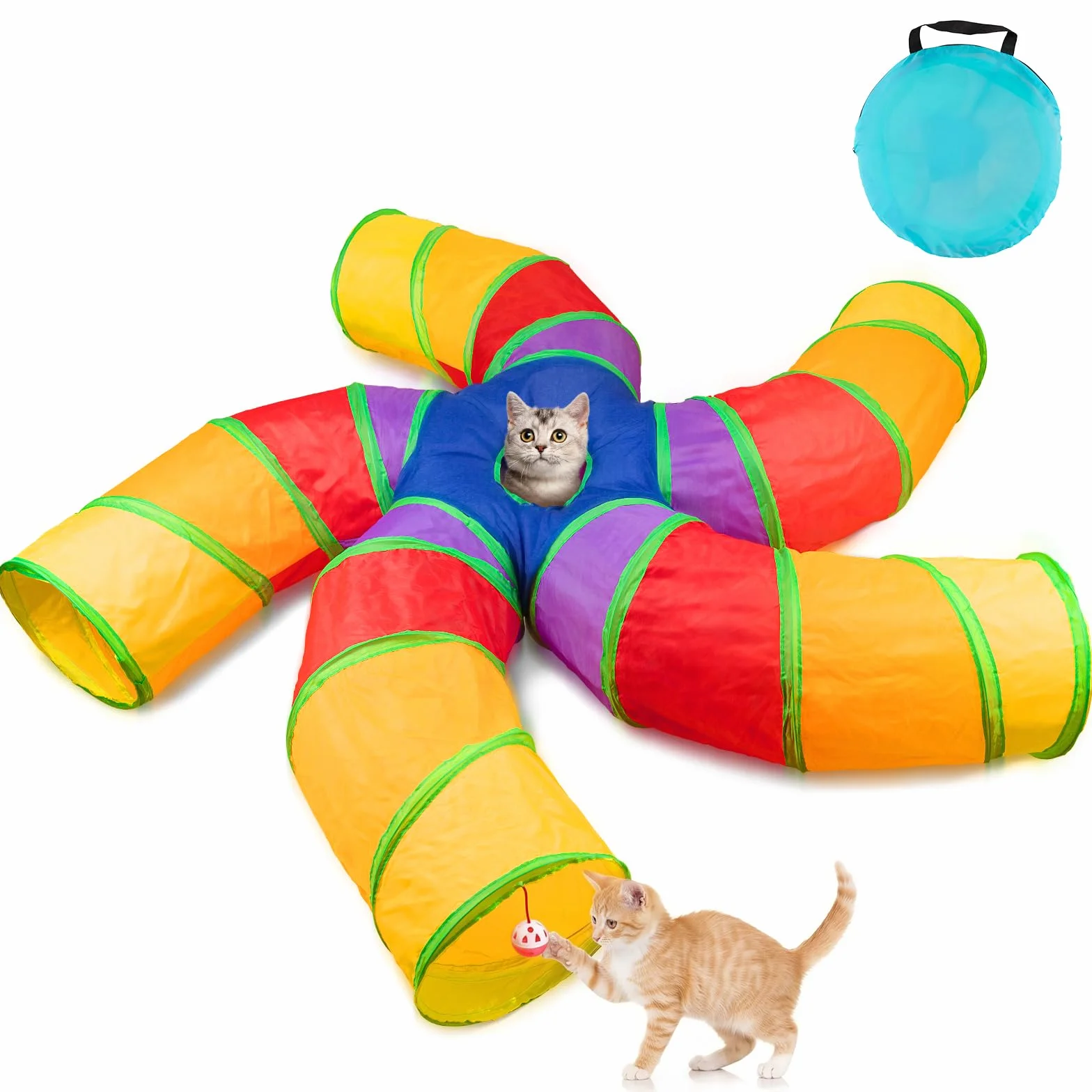 Depets Túnel para gatos de interior, túnel de juego grande de 5 vías y tubo con bola de juego, tubo plegable en forma de S con mirilla interactiva, ideal para ejercicio en interiores para gatitos