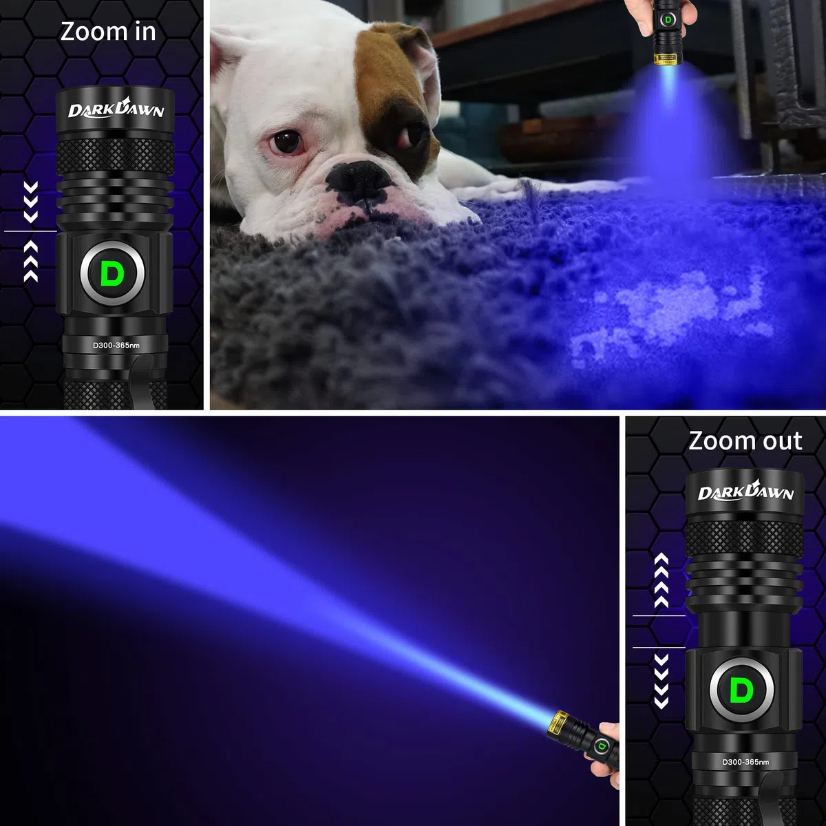 DARKDAWN UV 365nm Luz Linterna USB Recargable, Ultravioleta LED Luz Negra Lámpara de Wood Portátil, Fluorescente Mini Detector de Orina de Mascotas Manchas, Uranio Vidrio, Curado de Resina, 2 Paquete