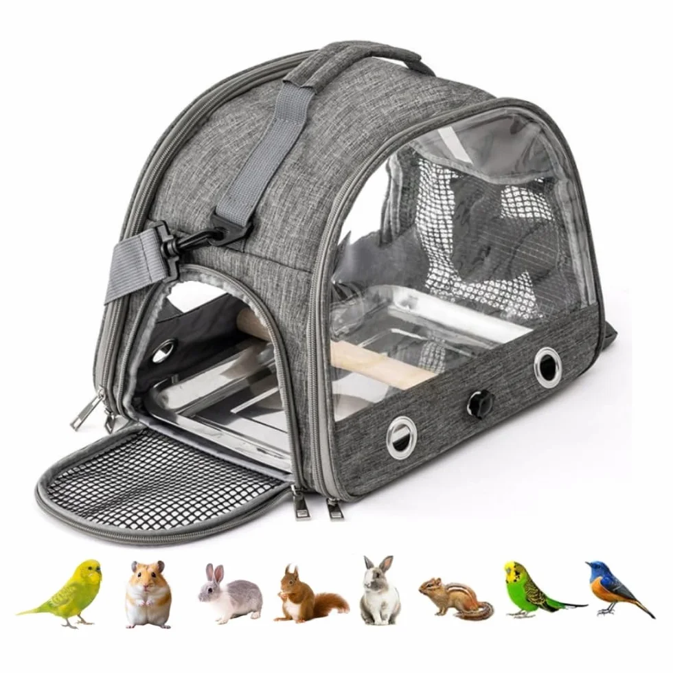 Bolsa de transporte para pájaros, bolsa de transporte para pájaros con barra de pie y bandeja de acero inoxidable, transpirable, plegable, para pequeños pájaros, bolsa de viaje para animales