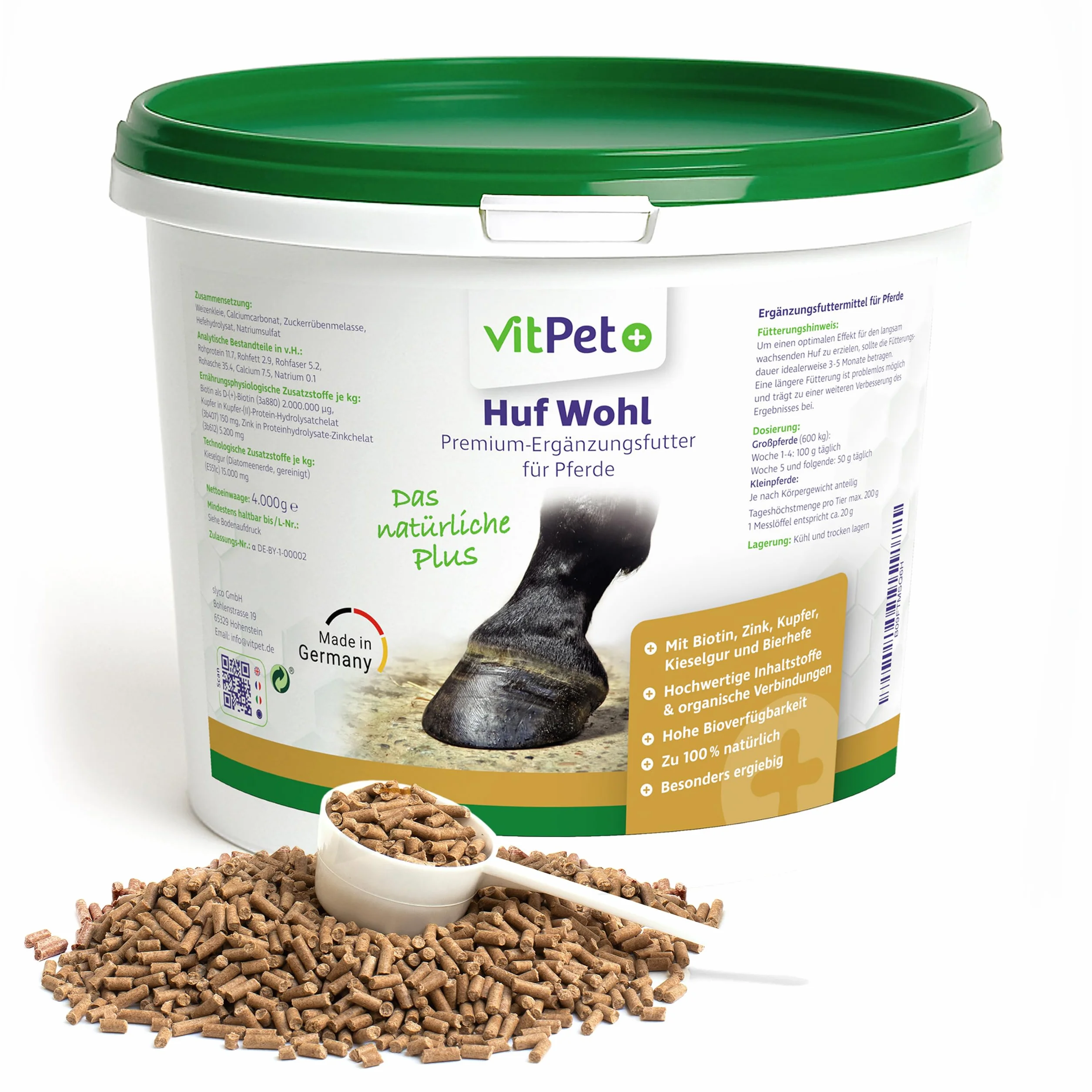 Huf Wohl - Alimento mineral especial para caballos, con biotina, zinc, tierra de diatomeas y levadura de cerveza, 4 kg, para apoyar el crecimiento de pezuñas, incluye cuchara dosificadora