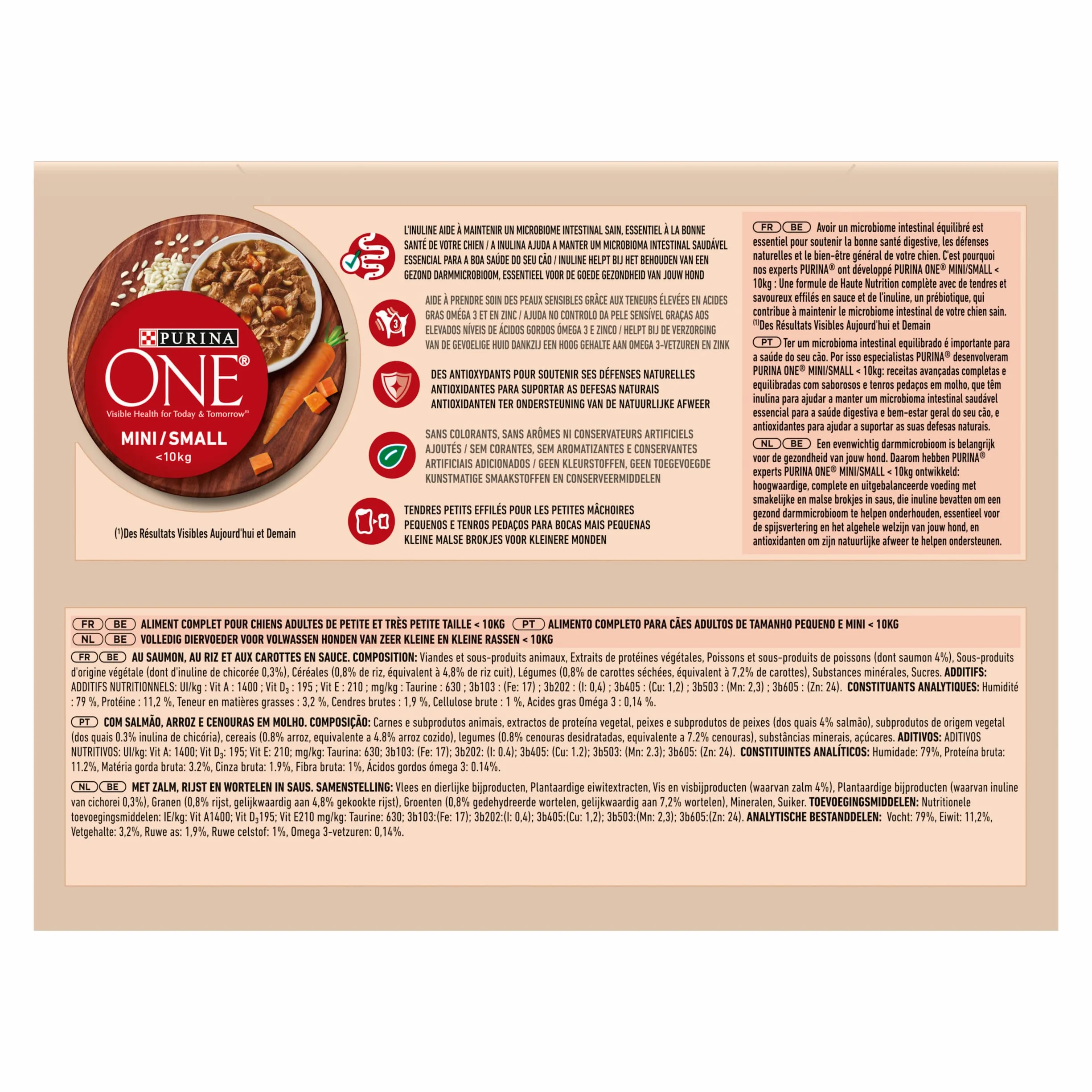 PURINA ONE Mini/Small <10 kg Sensitive/Delicado, Afilado con salmón, arroz y zanahorias en salsa para perros adultos de tamaño pequeño | Digestión sensible bolsas de comida 10 x 85 g | Lote de 6