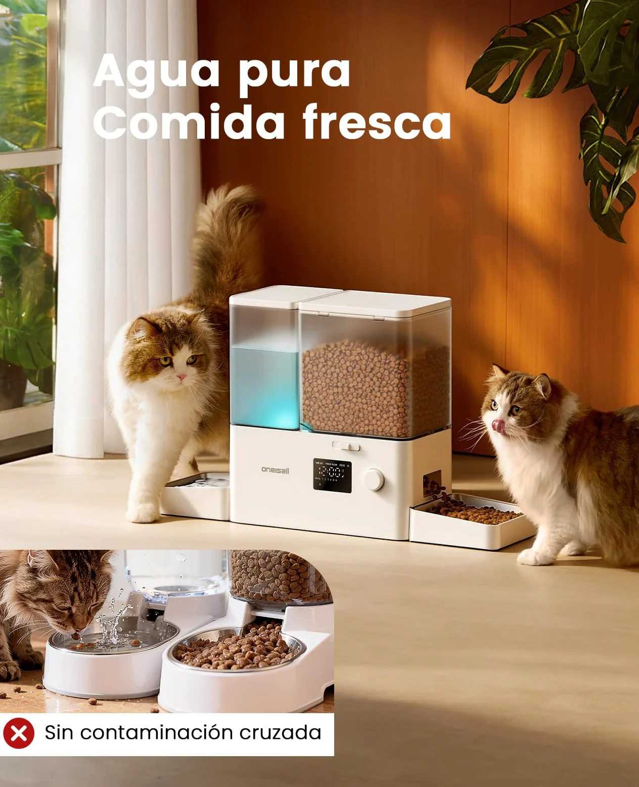 oneisall Comedero automático para Gatos y dispensador de Agua, 36 Tazas/8,5 L, 2 en 1, Agua Dulce, Gran Capacidad, dispensador de Alimentos para Gatos con Temporizador de 5L y Fuente de Agua de