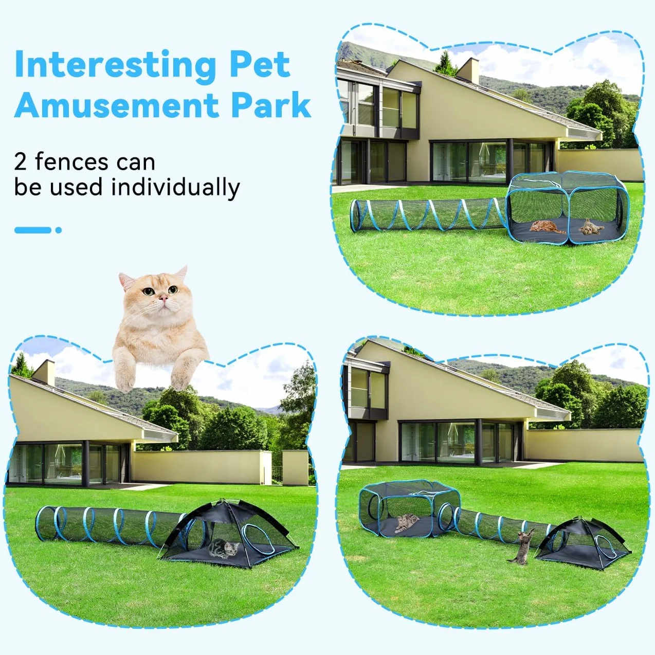 Pawaboo Parque para Mascotas con Túnel Portátil, 3 en 1 Túnel para Gatos Plegable con Tienda y Parque de Malla Transpirable, Corralito para Gatos Conejos Animales Pequeños, Azul Claro + Negro