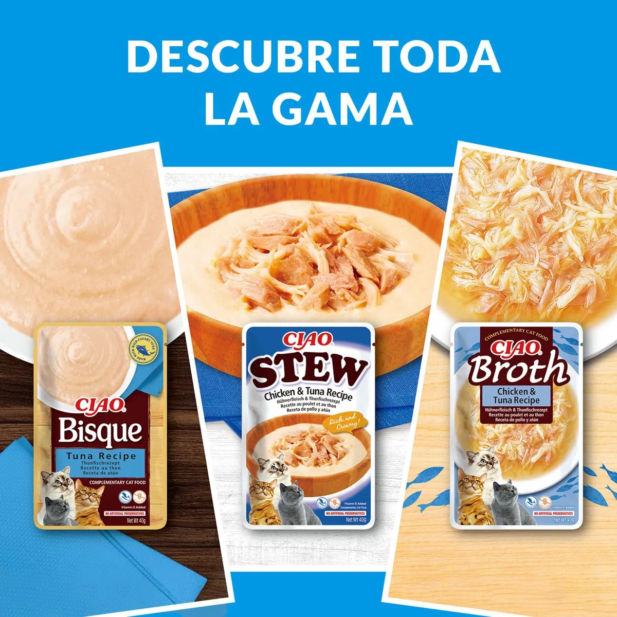 INABA Ciao Stew Gatos - Receta Saludable de Estofado Cremoso con Pollo, Atún y Salmón - Comida Húmeda con Tiras de Pollo - Alimento Natural sin Cereales - 960g (24 Sobres x 40g)