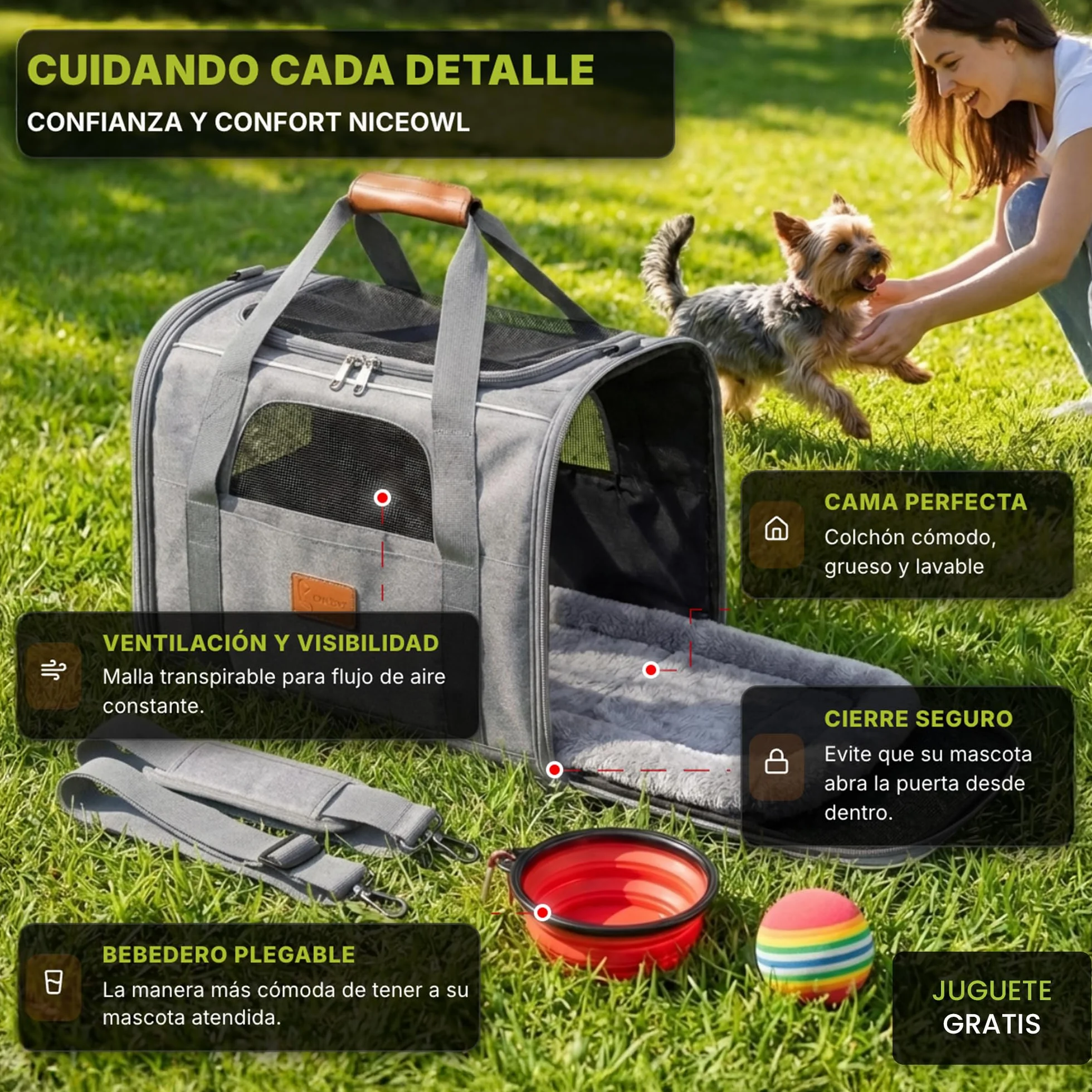 Transportin Perro Gato Plegable y Reforzado con Cama, Bebedero y Juguete de Regalo | Transporte de Gato Viaje Cómodo y Seguro | Bolsa de Transporte Portátil con Ventilación 360º