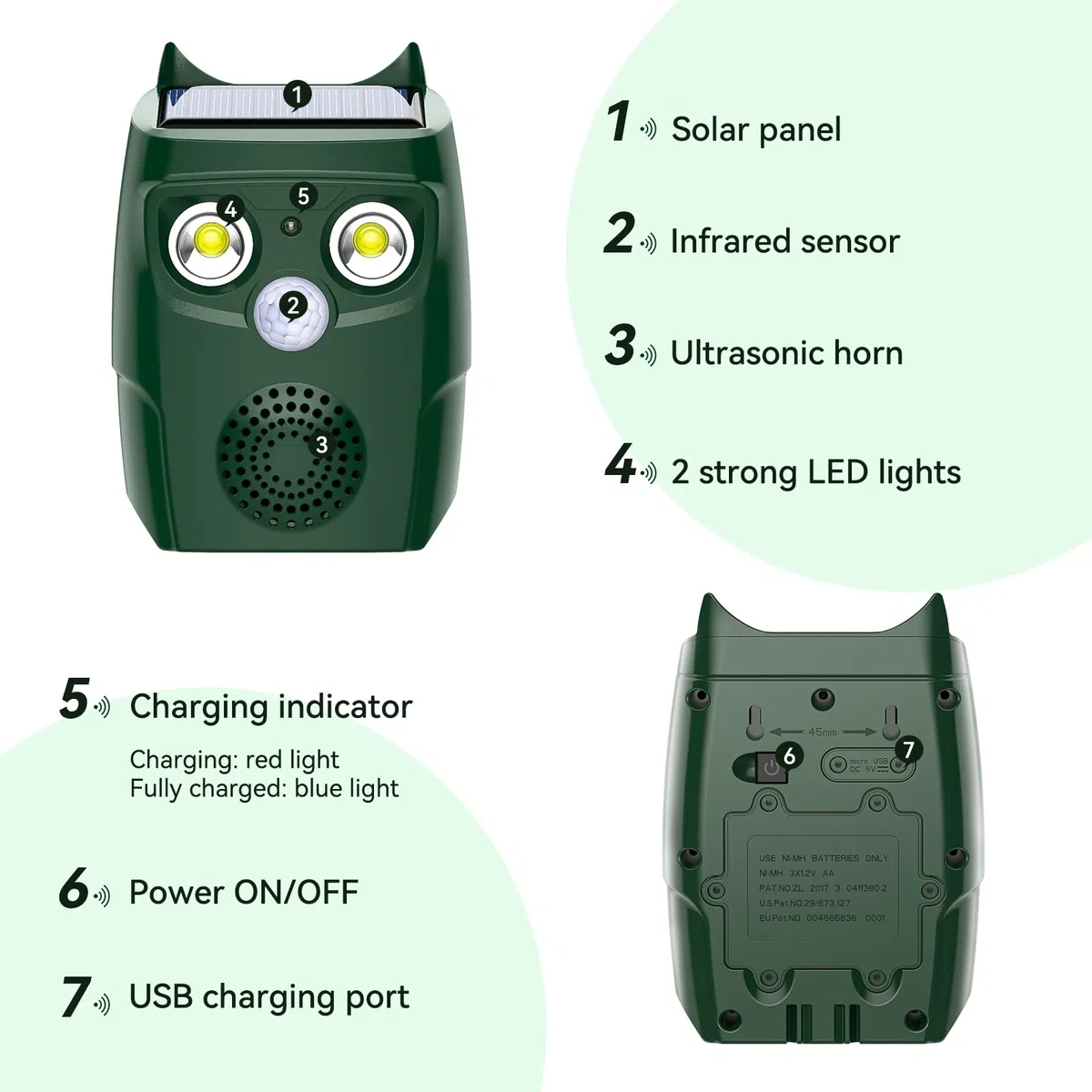 Repelente para Gatos, Ahuyentadores de Gatos Exterior Multifuncionales, Repelente GatosJardin Exterior, Solar Ultrasonido RepelenteparaGatoscon Sensores Infrarrojos y Flash LED y Sonidos de Alarma