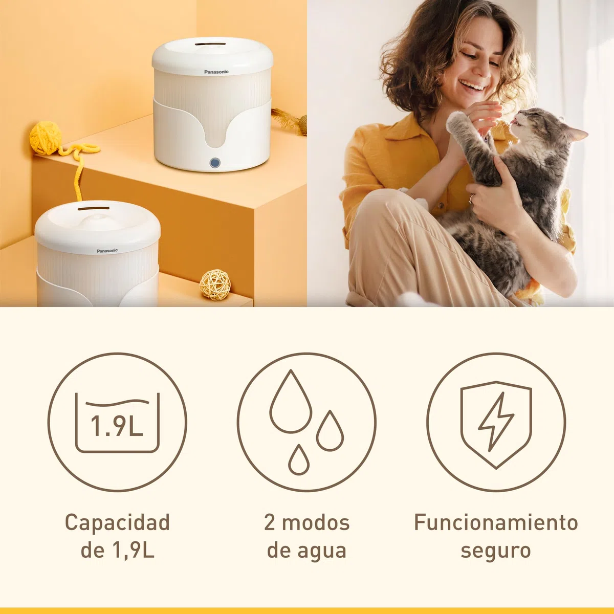 PANASONIC CP-JNW01-W Fuente de Agua para Mascotas, para Gatos y Perros de Tamaño Pequeño y Mediano, Capacidad de 1,9 L, Filtración de 4 Capas, Súper Silenciosa, Dos Modos, Blanco