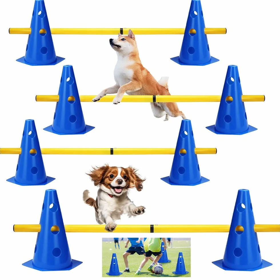 Agility Set Perros Barreras, Juego de Obstáculos Niños, 8 Conos de 23 cm de Altura + 4 Barras de 81 cm de Largo, Bolsa de Transporte Accesorios de Entrenamiento Kit de Entrenamiento para Perros