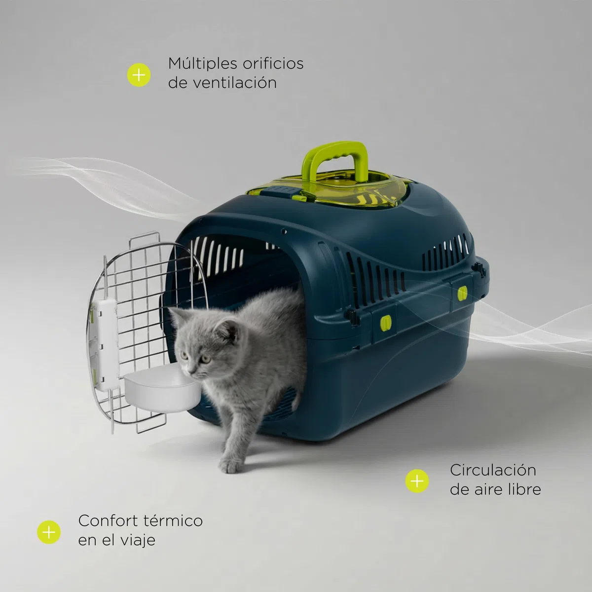 Safy Transportín para Gatos Rígido, Carcasa PP, Puerta de Metal con Doble Cierre Seguro, Ventilación 360, Asa Plegable, Rejilla para Empapador y Cuenco Colgable, para Coche y Viaje, hasta 5 kg