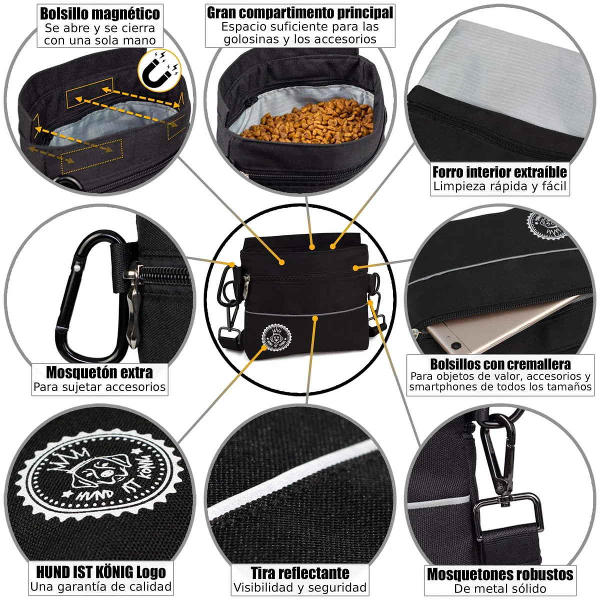 HUND IST KÖNIG Bolsa de premios para perros con bolsillo magnético para una mano, 2 bolsillos con cremallera, bolsillo interior extraíble, correas acolchadas para el hombro, mosquetón gratuito.
