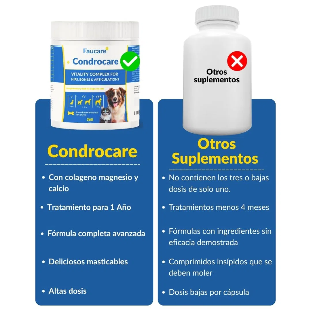 Condroprotector Perros 360 Uds (1 Año) Colágeno Magnesio y Calcio, Mantenimiento Articular, Glucosamina, Condroitina, Cúrcuma, Vitality Complex para Movilidad, Huesos. Faucare