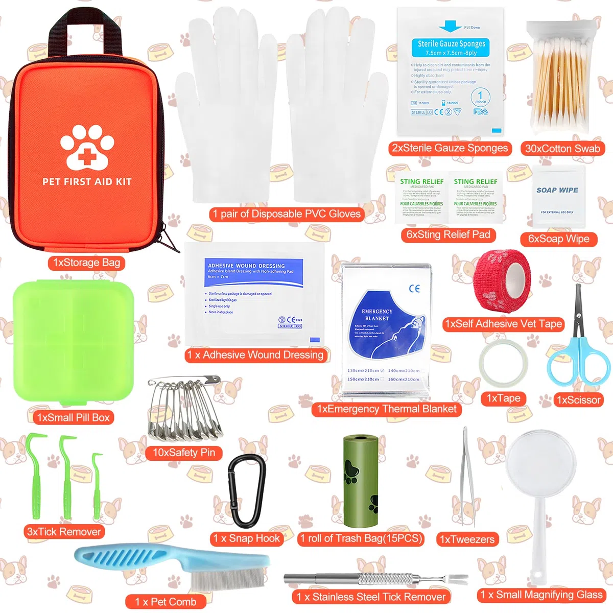 Botiquín de Primeros Auxilios para Perros y Gatos 102 Piezas Kit Primeros Auxilios Mascotas con Pinzas para Garrapatas Pequeño Botiquin Perros para Emergencias en Casa y Viajes al Aire Libre