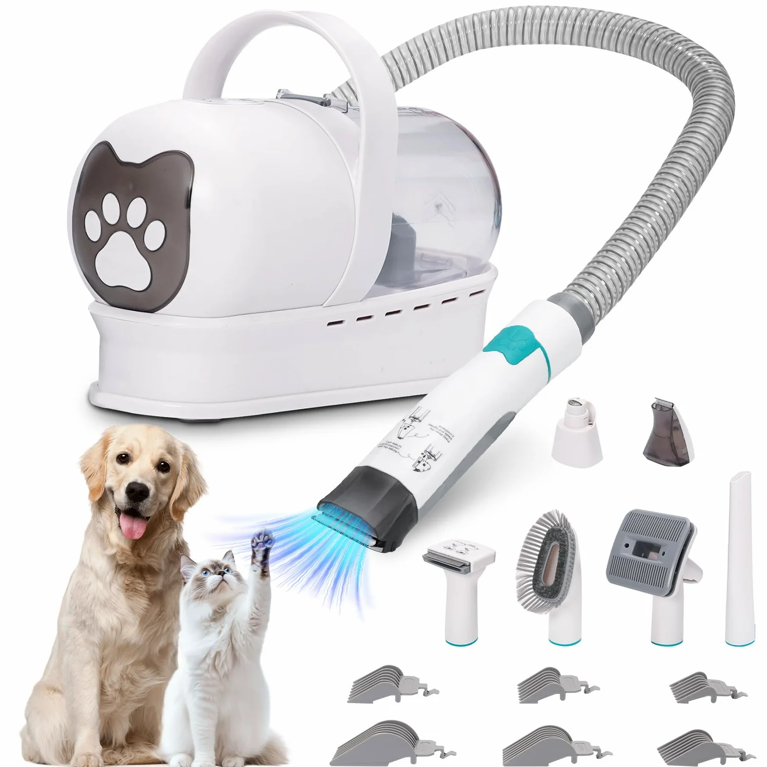 Cortapelo para perros con aspirador, 13000 PA con 7 herramientas de mantenimiento, cortapelo para patas, cepillo, peine, 3 niveles de aspiración ajustables