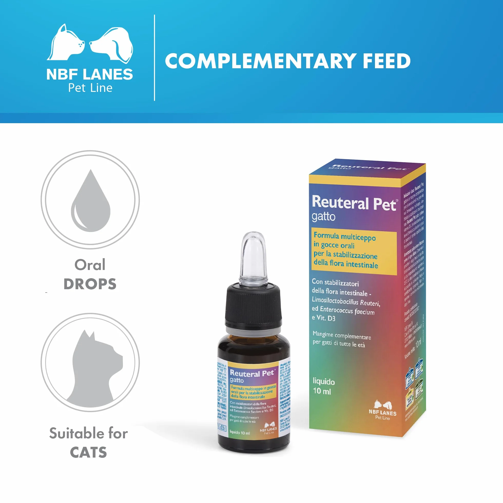 NBF Lanes | Reuteral Pet Gato, Gotas orales, Probiótico a base de fermentos lácticos vivos para estabilizar la Flora intestinal en Gatos