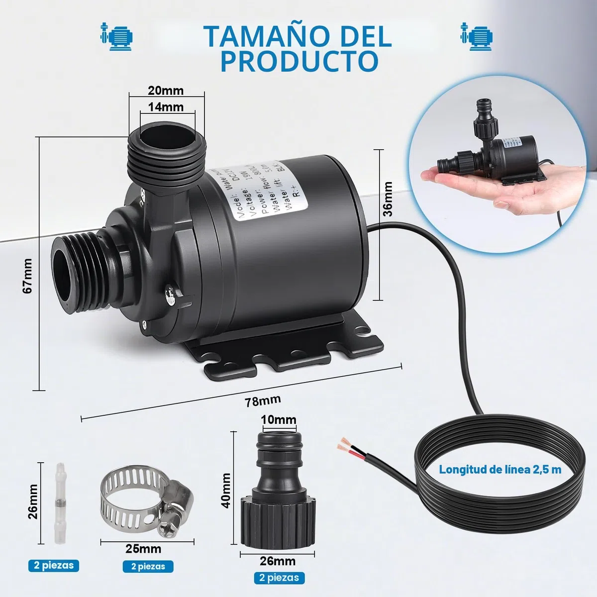 EXLECO Bomba de Agua 12V DC, Mini Bomba de Agua Sumergible sin Escobillas 800L/H 5M Bomba Acuario Pequeña con Bomba de Cerámica Núcleo para Acuario Tanque de Peces Sistema de Circulación