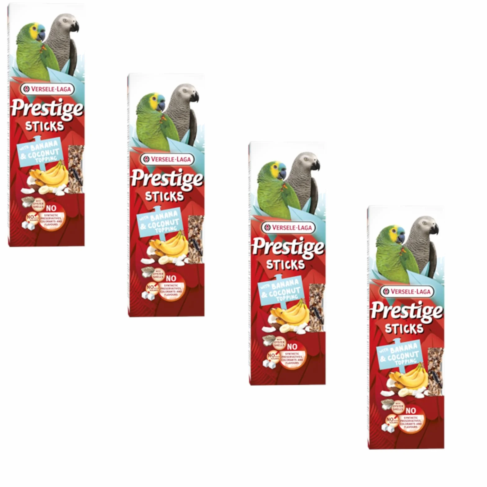 Versele-Laga Prestige Sticks Loros con plátano y kokostopping | Paquete de 4 | 4 x 140 g | Snack para Loros | Sin azúcar añadido y sin conservantes sintéticos
