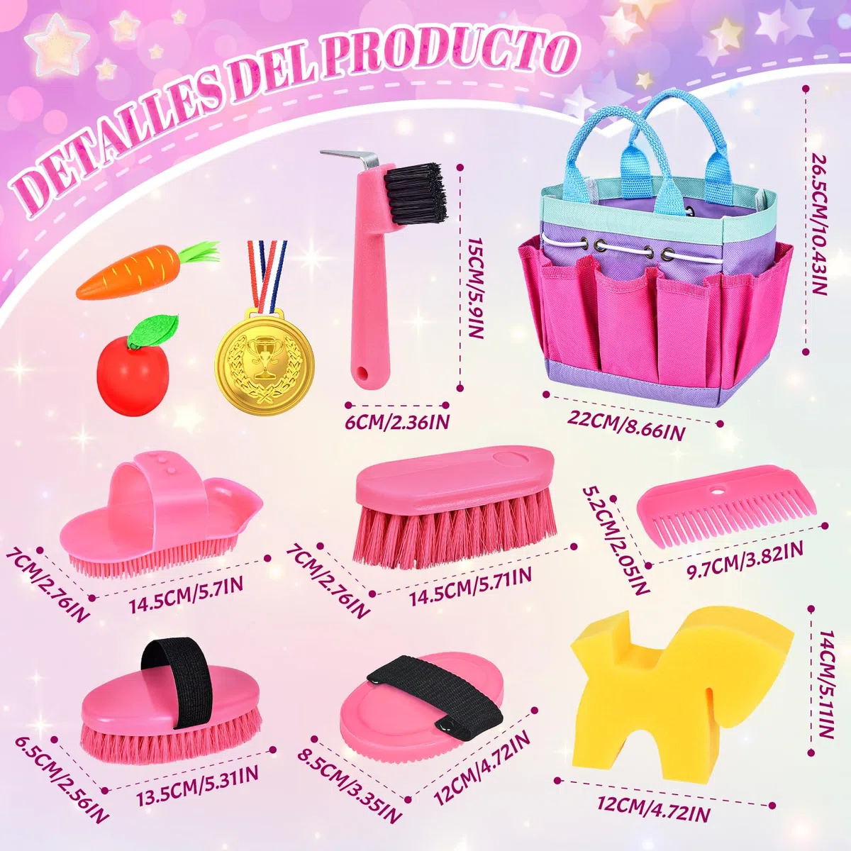 Joellfuner Kit de Cuidado para Caballos con Bolsa, Juguetes de Aseo para Niños, Accesorios para Caballos con Cepillo de Masaje, Raspador de Cascos con Cepillo