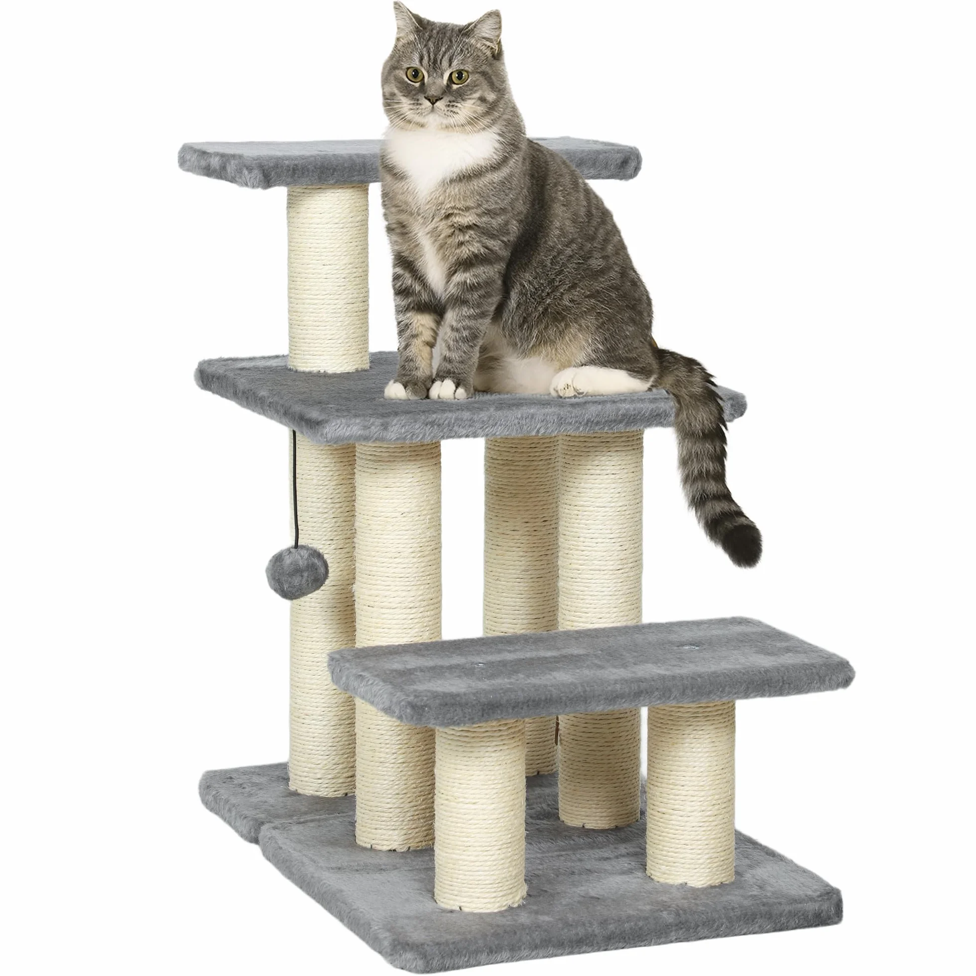 PawHut Escalera para Gatos de 3 Peldaños, Escalera para Mascotas, Estructura Ajustable, con Postes Rascadores, Bola Colgante, Carga 10 kg, para Cama, Sofá, 52x34,5x54 cm, Gris