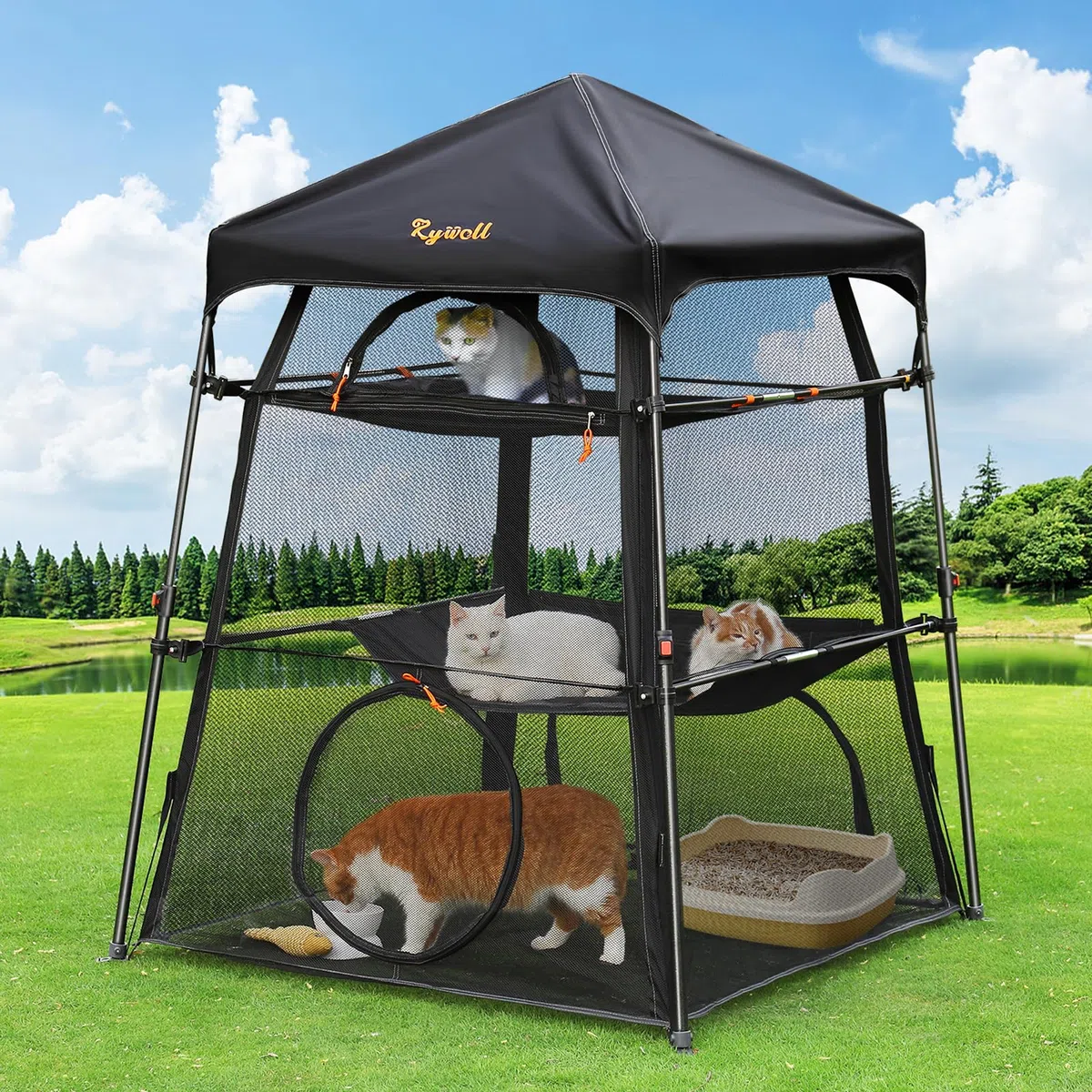 Rywell - Recinto Extragrande para Gatos al Aire Libre, 3 Niveles, espaciosa, Resistente a la Intemperie y al Sol, con 5 Ventanas, recinto Plegable para Gatos para Patio, Camping, Interior (Incluye