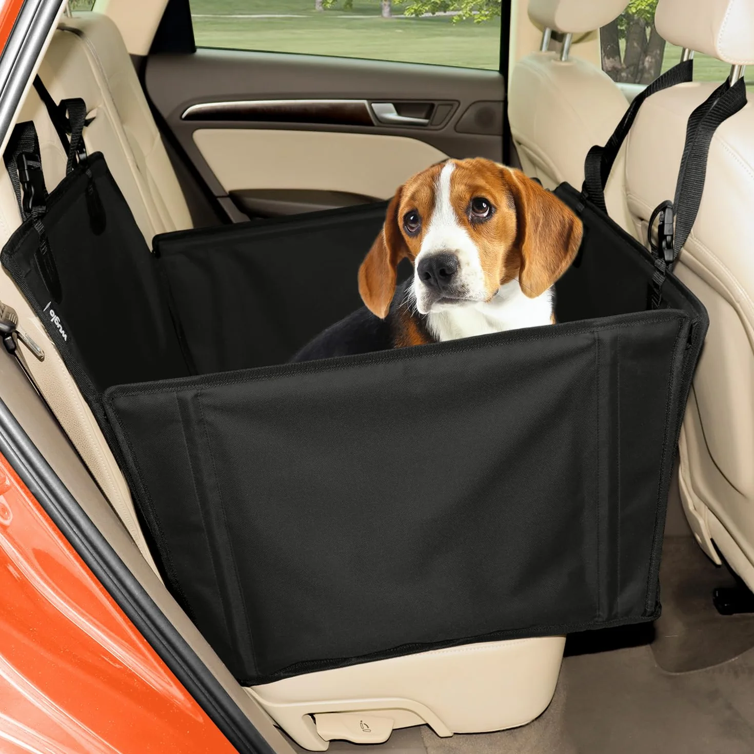 Wuglo Asiento de coche para perro extra estable – Asiento reforzado para perros de tamaño mediano con 4 correas de sujeción, robusto e impermeable asiento de coche para mascotas para asiento posterior