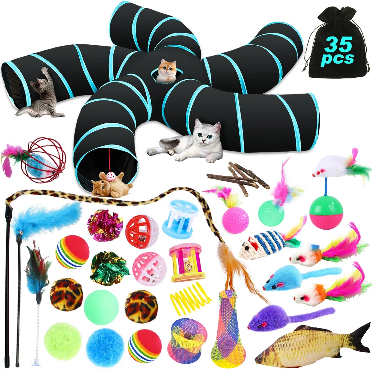 Juguetes para Gatos,35pcs Juguete Interactivo para Gato,Juguetes Gatos con Túnel para Gatos,Ratones,Varita de Plumas,Peces,Bolas y Campanas,Juego de Túnel para Gatos Tubo de 5 Vías