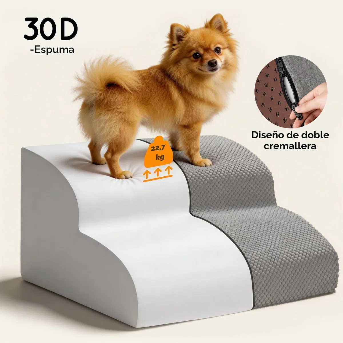 Thihome Escalones para Perros, Escalera Mascotas de Espuma 2 Escalones, Rampa para Perros con Funda Extraíble y Lavable, Escalera Perro para Sofá o Cama, 40x30x40cm, Gris